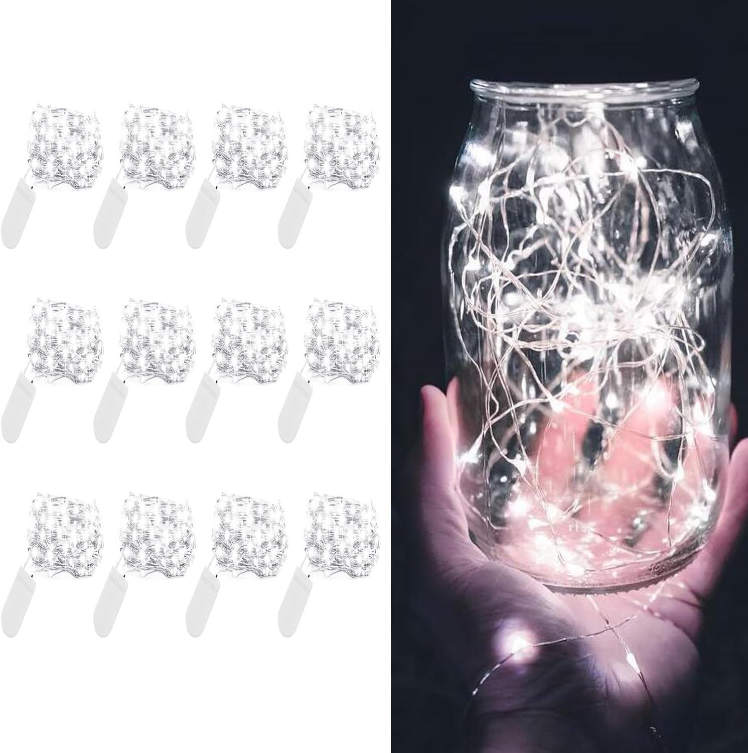 Paquete de 12 guirnaldas de luces LED que funcionan con pilas, 20 luces LED de 7.2 pies, alambre plateado blanco frío, bodas, centros de mesa,