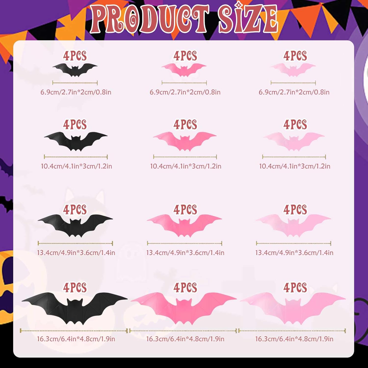 48 piezas de decoración de pared de murciélagos de Halloween rosados, murciélagos 3D, decoración de Halloween, murciélagos de PVC para pared,