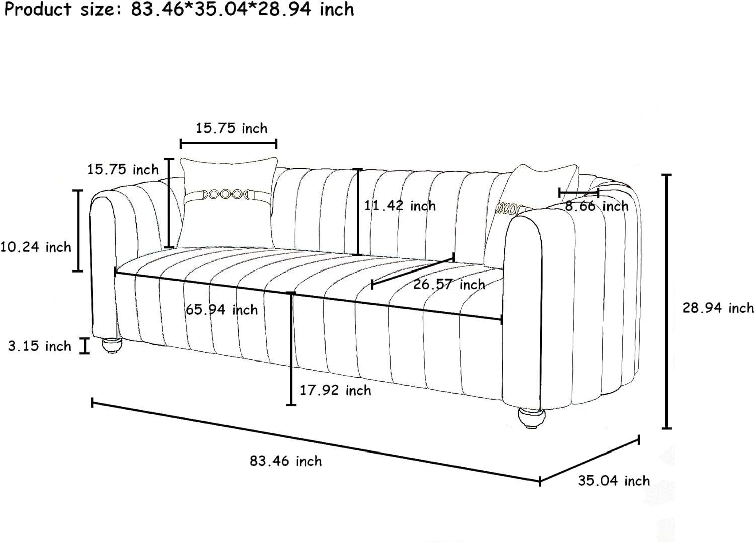 Chesterfield – Sofá tapizado de lana de cordero de 83 pulgadas, moderno de mediados de siglo, sofá tapizado para 3 personas con 2 almohadas, patas