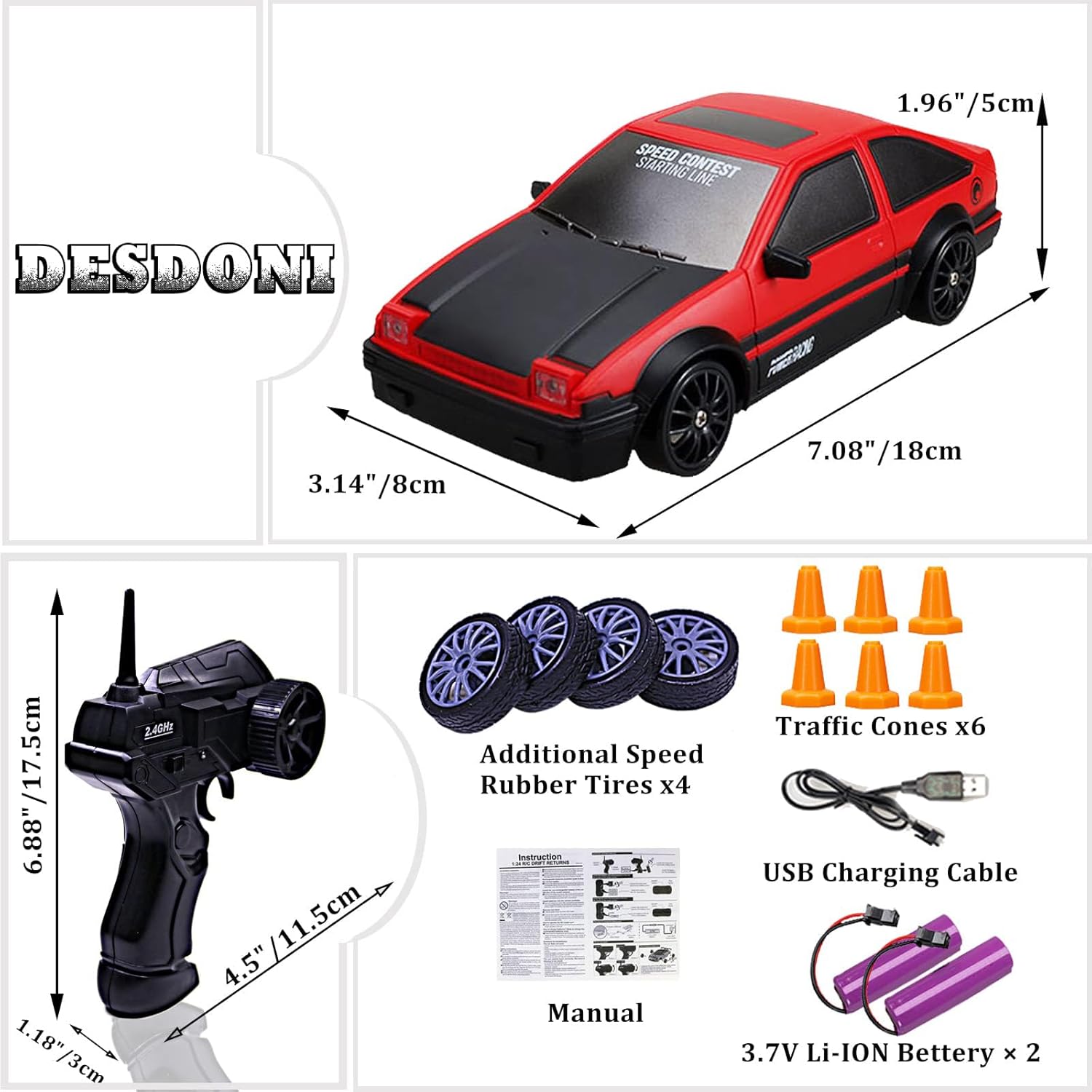 Coche de control remoto RC Drift Car 2.4GHz escala 124 4WD de alta velocidad RC Vehículo con luces LED, baterías y neumáticos a la deriva, autos de