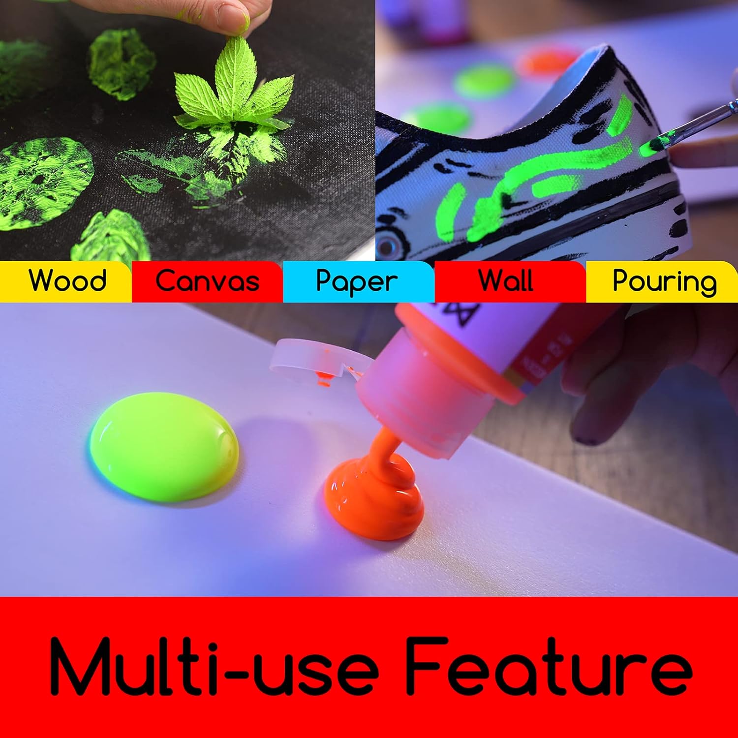 MEEDEN Juego de pintura acrílica fluorescente, 6 colores de alto flujo (2 onzas, 2.0 fl oz), acrílico líquido neón, pinturas que brillan en la