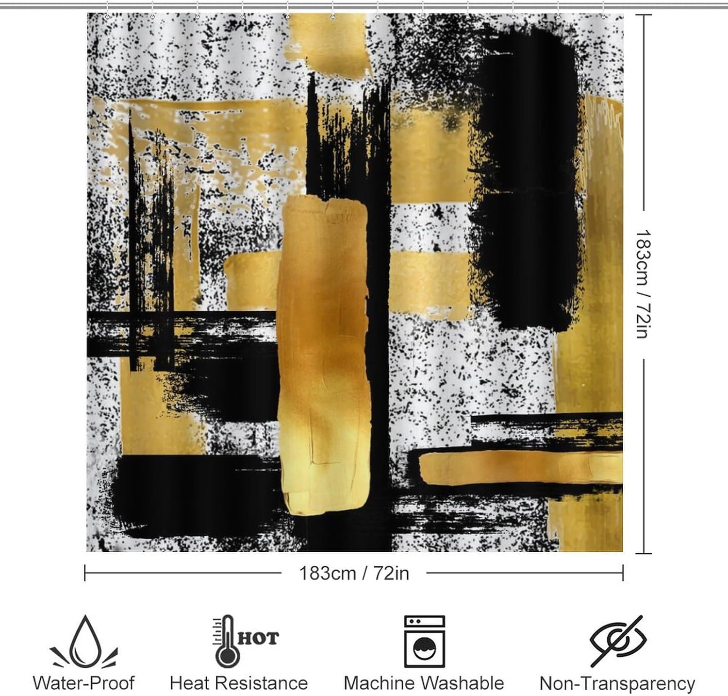 Juego de 4 cortinas de ducha de arte geométrico moderno abstracto, estilo grunge, negro, blanco, dorado, impreso, juego de decoración de baño con