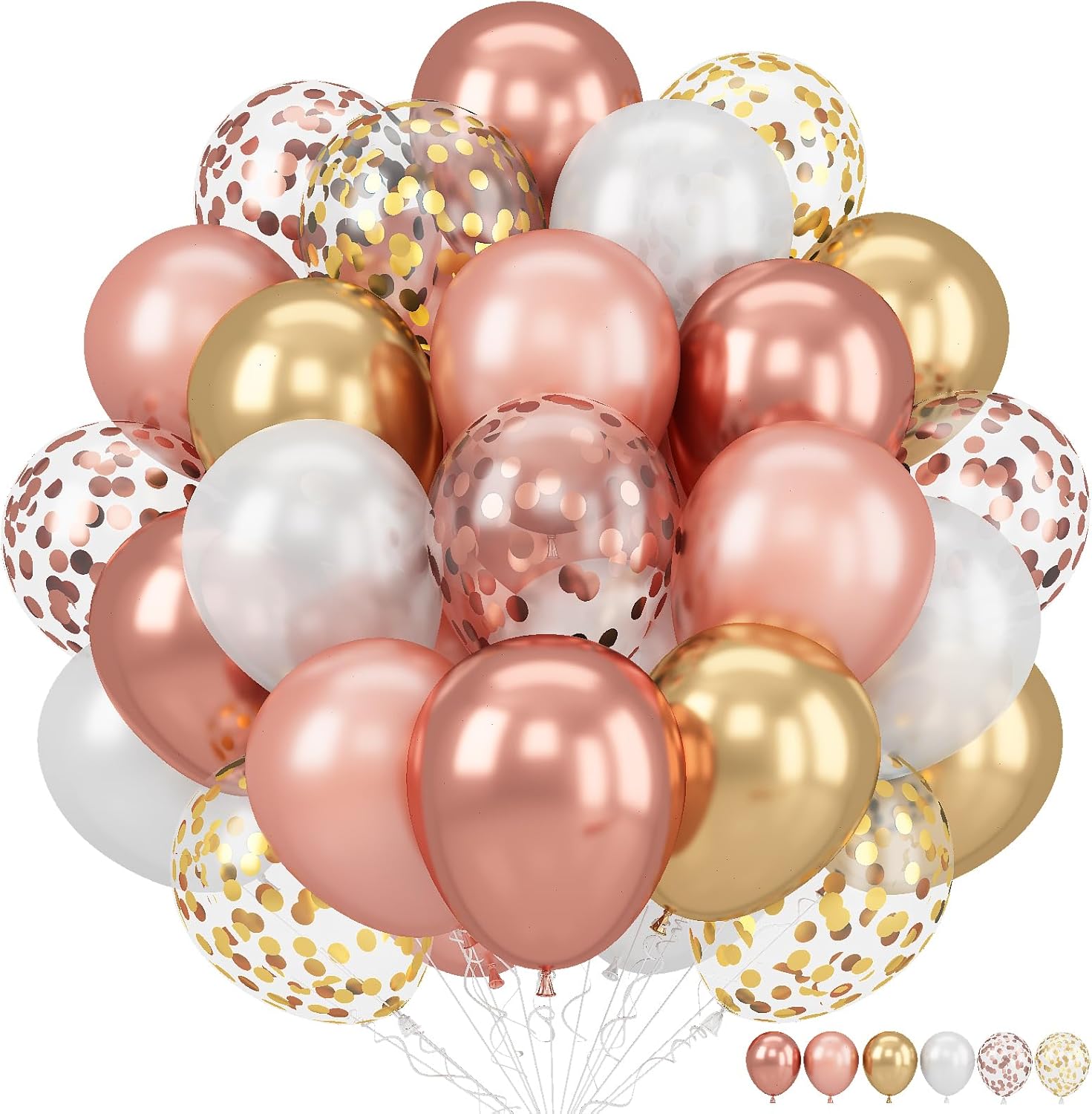 Globos de confeti de oro rosa, 60 paquetes de globos de fiesta de oro rosa metálico de 12 pulgadas y oro cromado con cinta para niñas y mujeres,