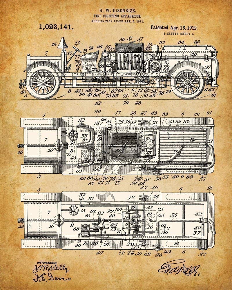 Original Fire Fighter Patent Art Prints – Set of Four Photos (8×10) Unframed – Makes a Great Fire Station Decor and Gift Under $20 for Firefighters