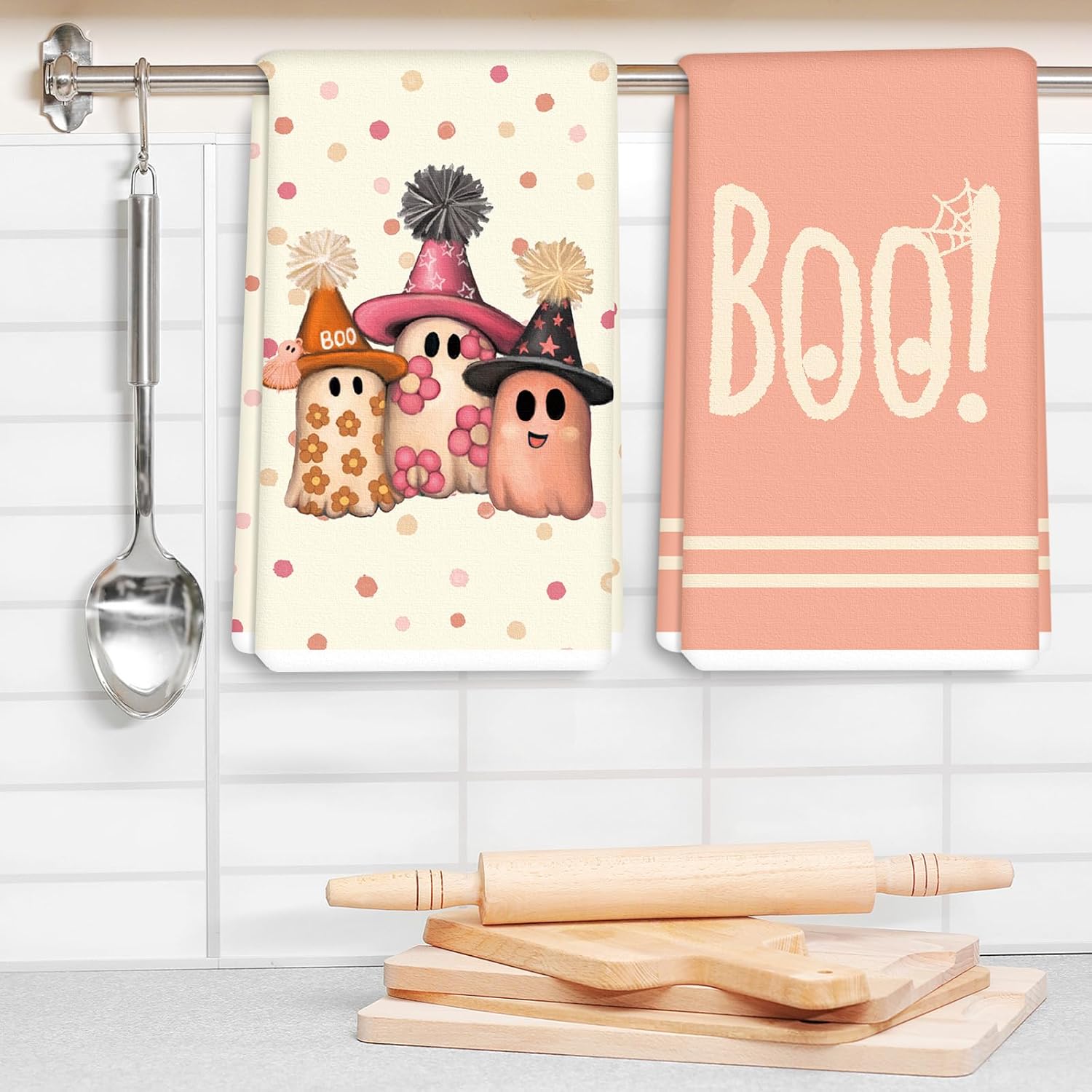 AnyDesign Toalla de cocina de Halloween Boo, paño de cocina rosa, lindo fantasma, toalla de té decorativa de secado a mano para Halloween,