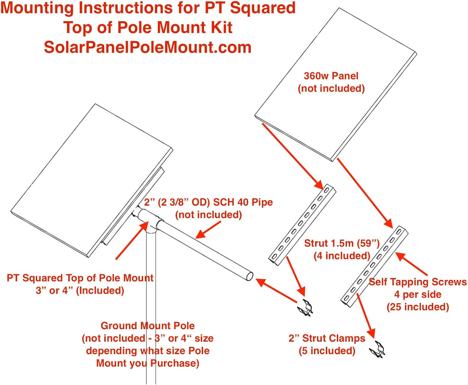 Panel solar superior del soporte de montaje en poste y kit de montaje en panel para tubería de 4″