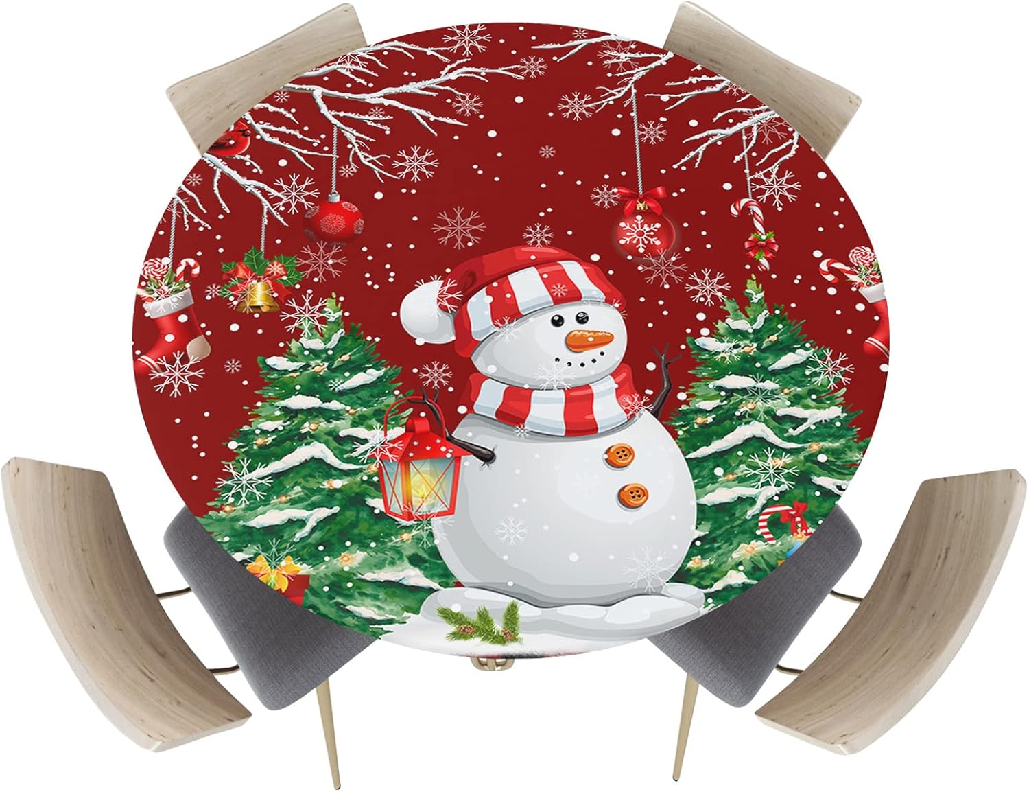 Mantel redondo ajustable con diseño de muñeco de nieve de dibujos animados para mesas de comedor, mantel con bordes elásticos, árboles de Navidad de