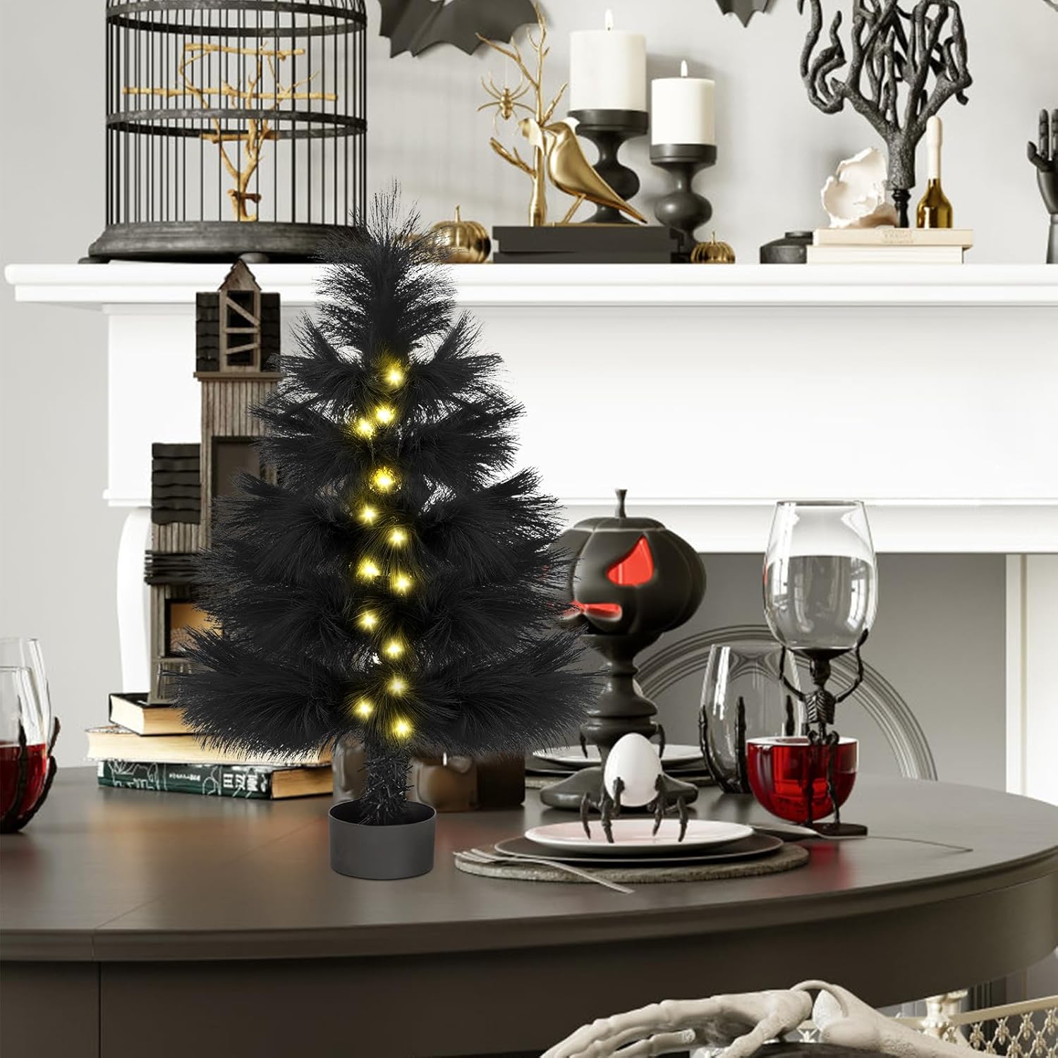 MACTING Mini árbol de Navidad negro con luces, árbol de mesa artificial de 2 pies, funciona con pilas para decoración del hogar, invierno,