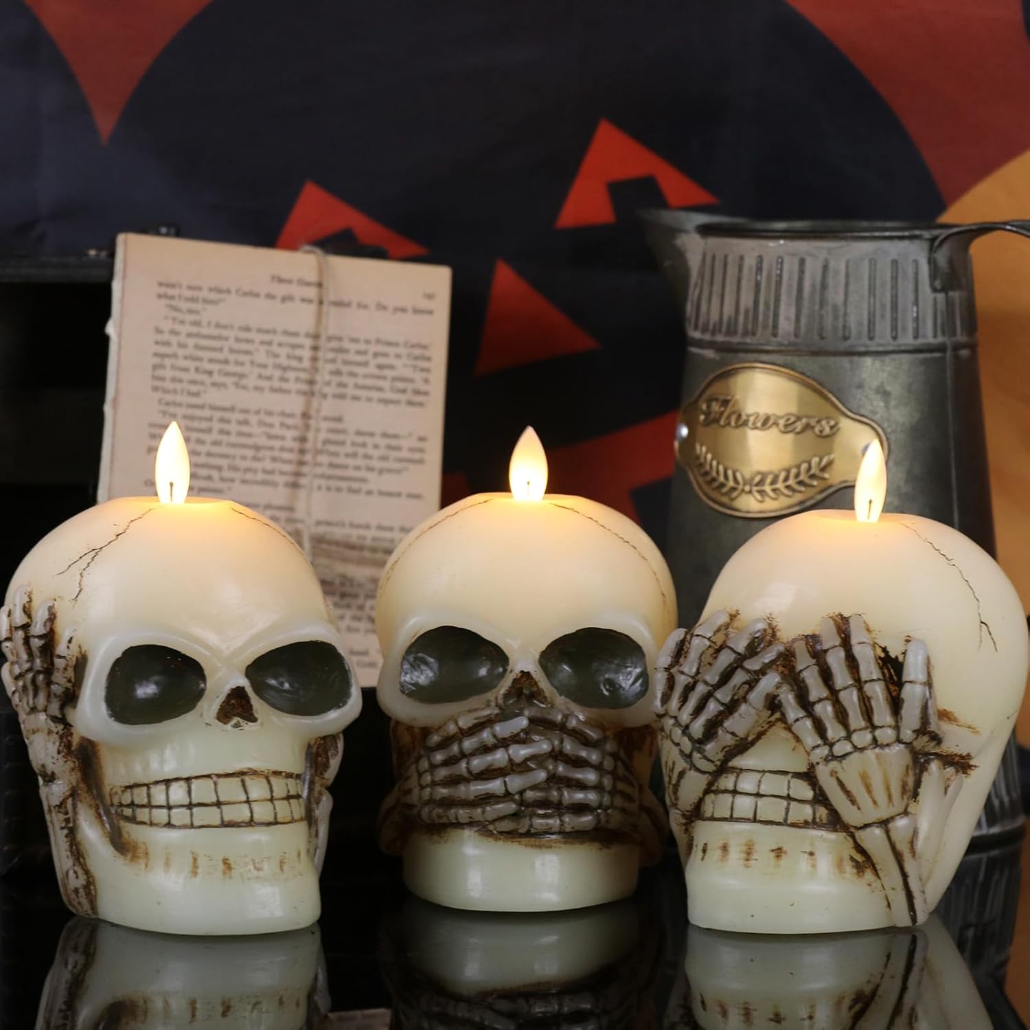 Wondise Velas parpadeantes sin llama de Halloween con control remoto y temporizador, juego de 3 velas LED de cera real que funcionan con pilas con
