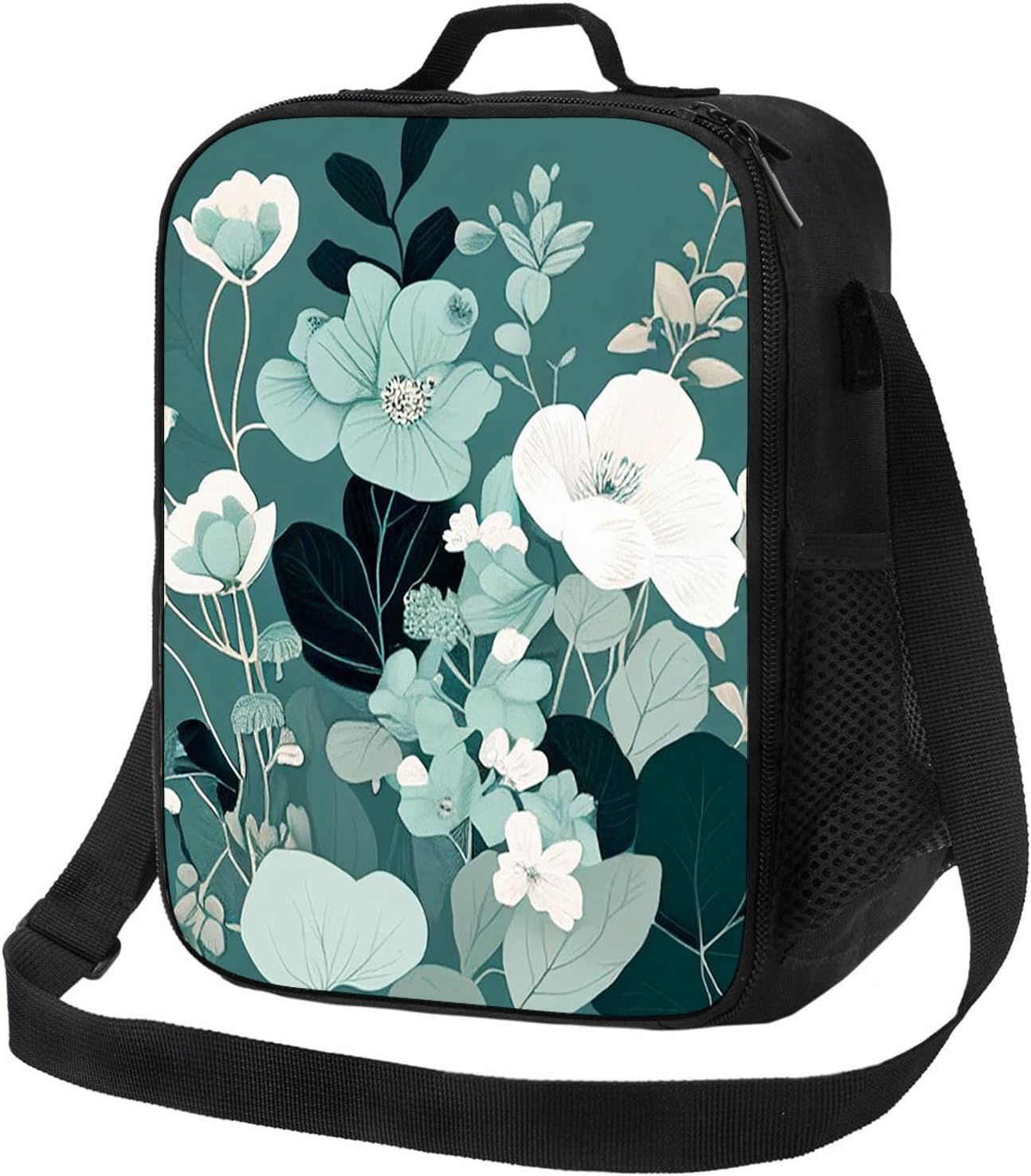Lonchera con diseño de flores en color verde azulado claro, aislada, reutilizable, bolsa de almuerzo para mujeres y hombres, trabajo, picnic,