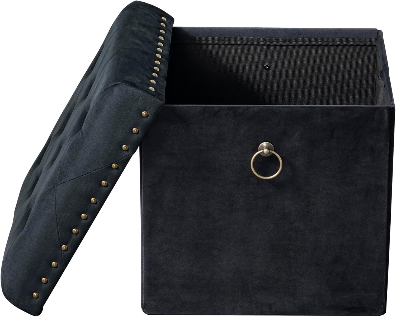 Chic Home Sassy Storage – Otomano tapizado de terciopelo con acabado de latón antiguo y anillo copetudo, parte superior extraíble con compartimento