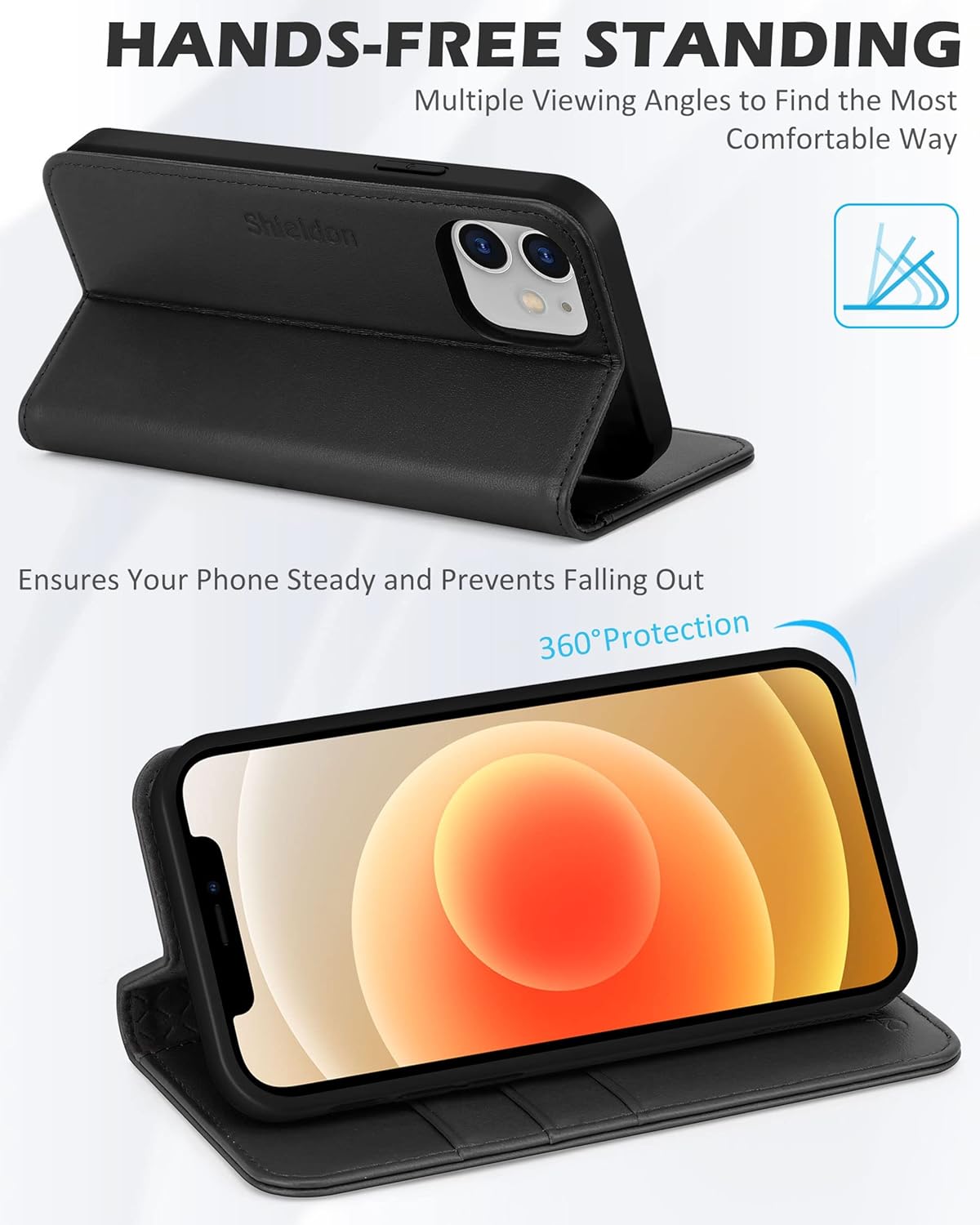 SHIELDON – Funda para iPhone 1212 Pro, cuero genuino, cubierta magnética, tarjetero con bloqueo RFID, kickstand, funda protectora a prueba de