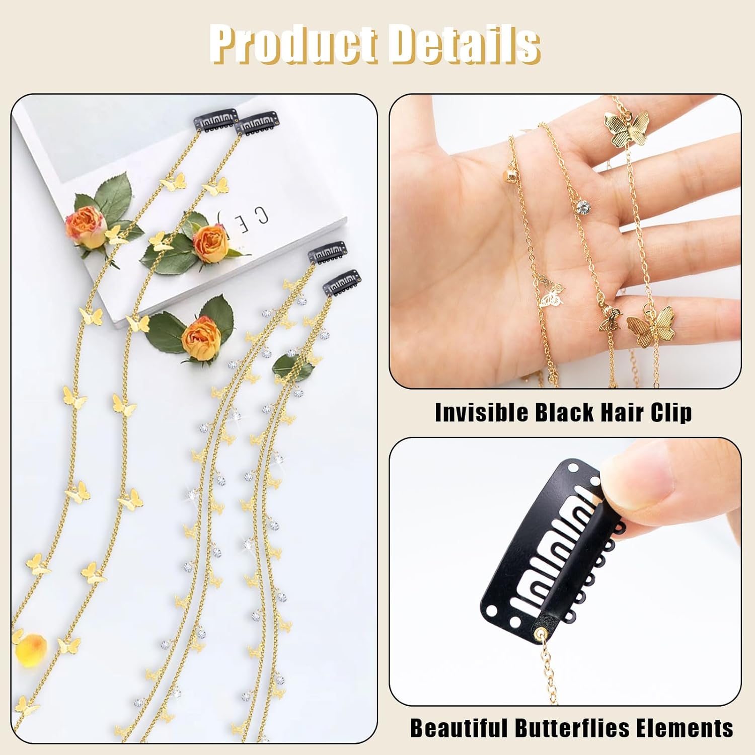 4 cadenas trenzadas de cabello de mariposas, joyas para el cabello con diamantes de imitación, pinzas para el cabello de mariposas, accesorios para
