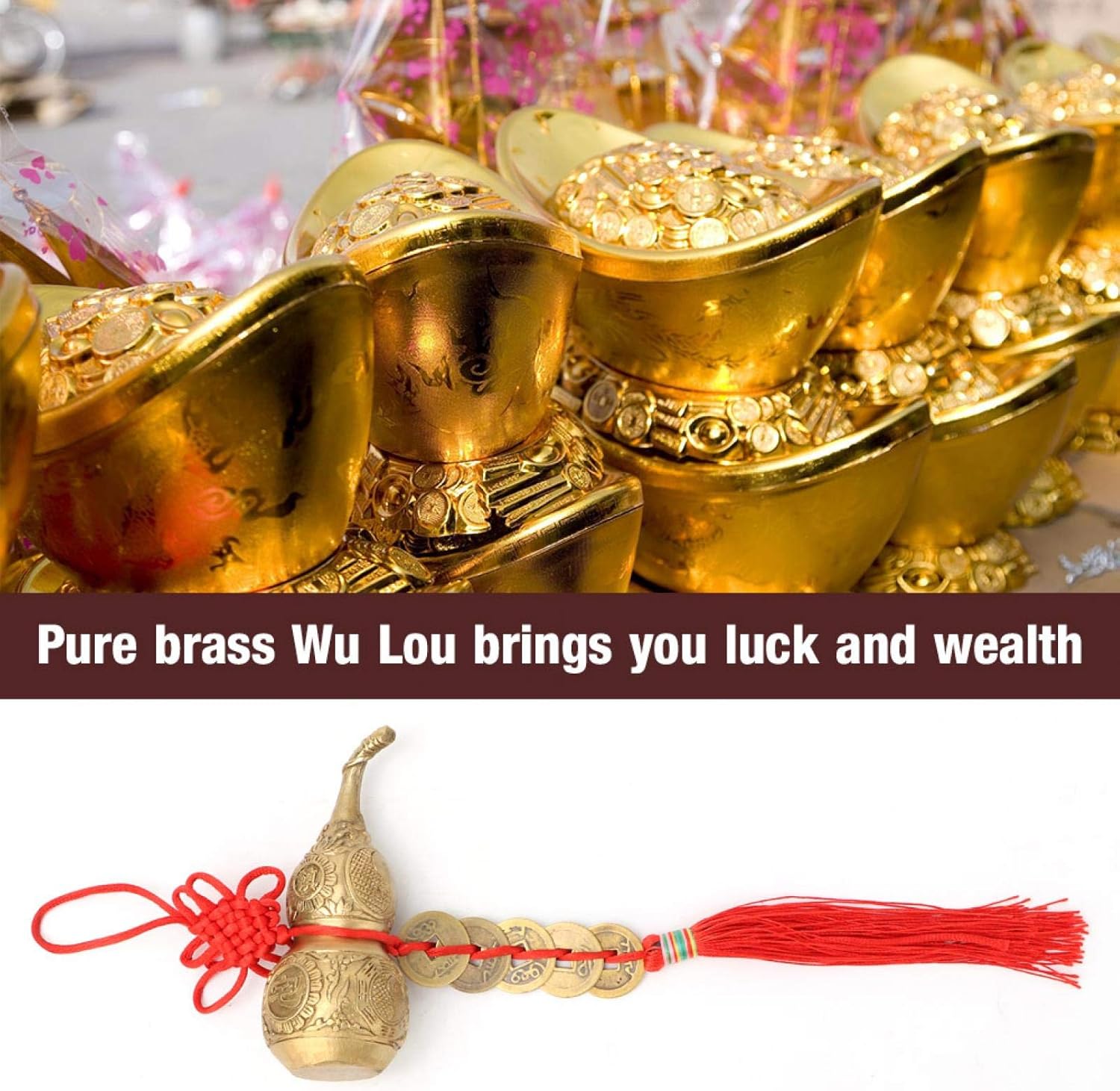 TOPINCN Wu Lou Cucurbit con 5 monedas Feng Shui latón adornos de calabaza de buena suerte Wu Lou calabaza de latón para el hogar Feng Shui