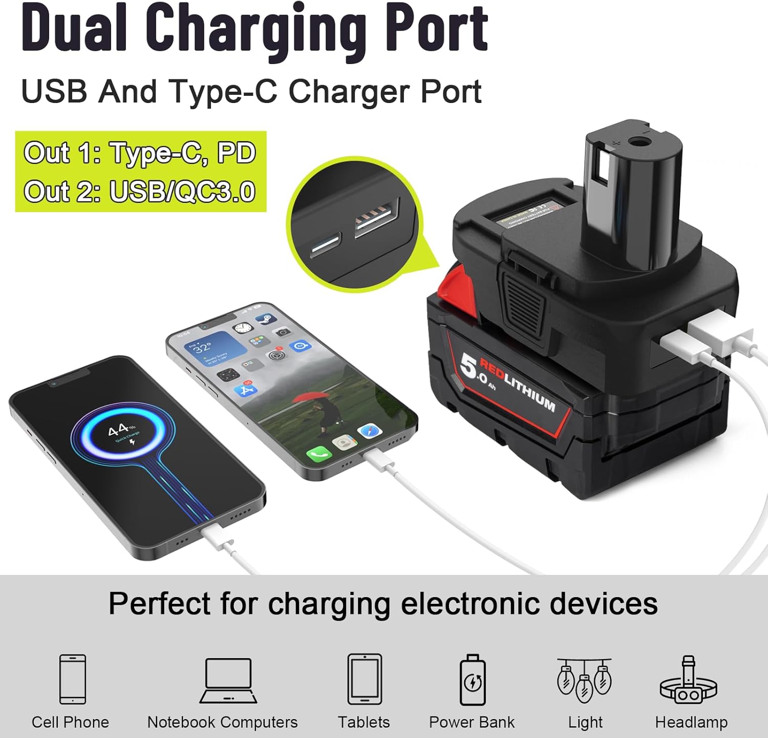 Convertidor adaptador de batería DM18RL con puerto USB y tipo C para uso con herramientas de batería de litio Ryobi de 18 V, convierte la batería