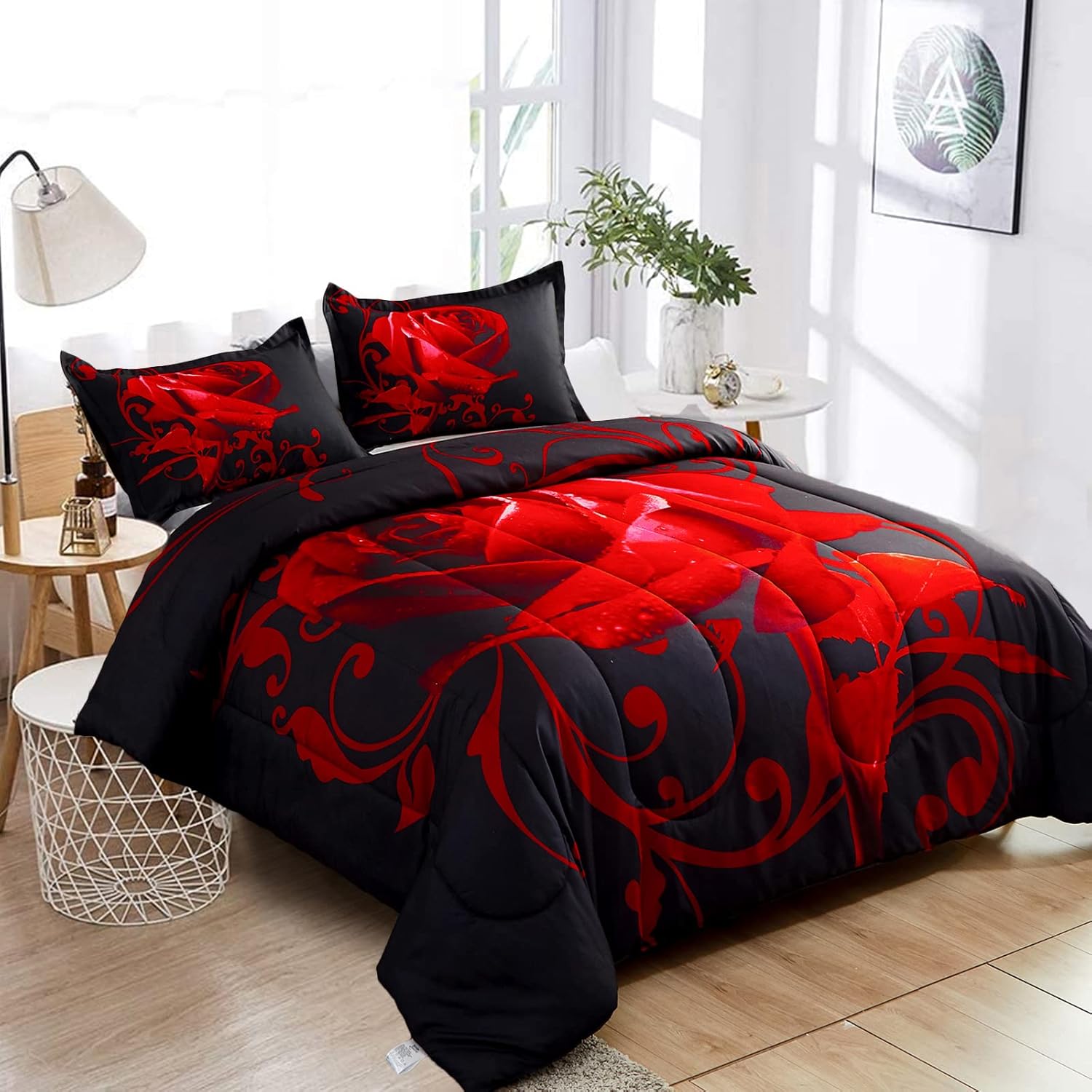 Juego de edredón rojo reversible con patrón de rosas rojas con 2 fundas de almohada para todas las estaciones, juego de ropa de cama ligero de
