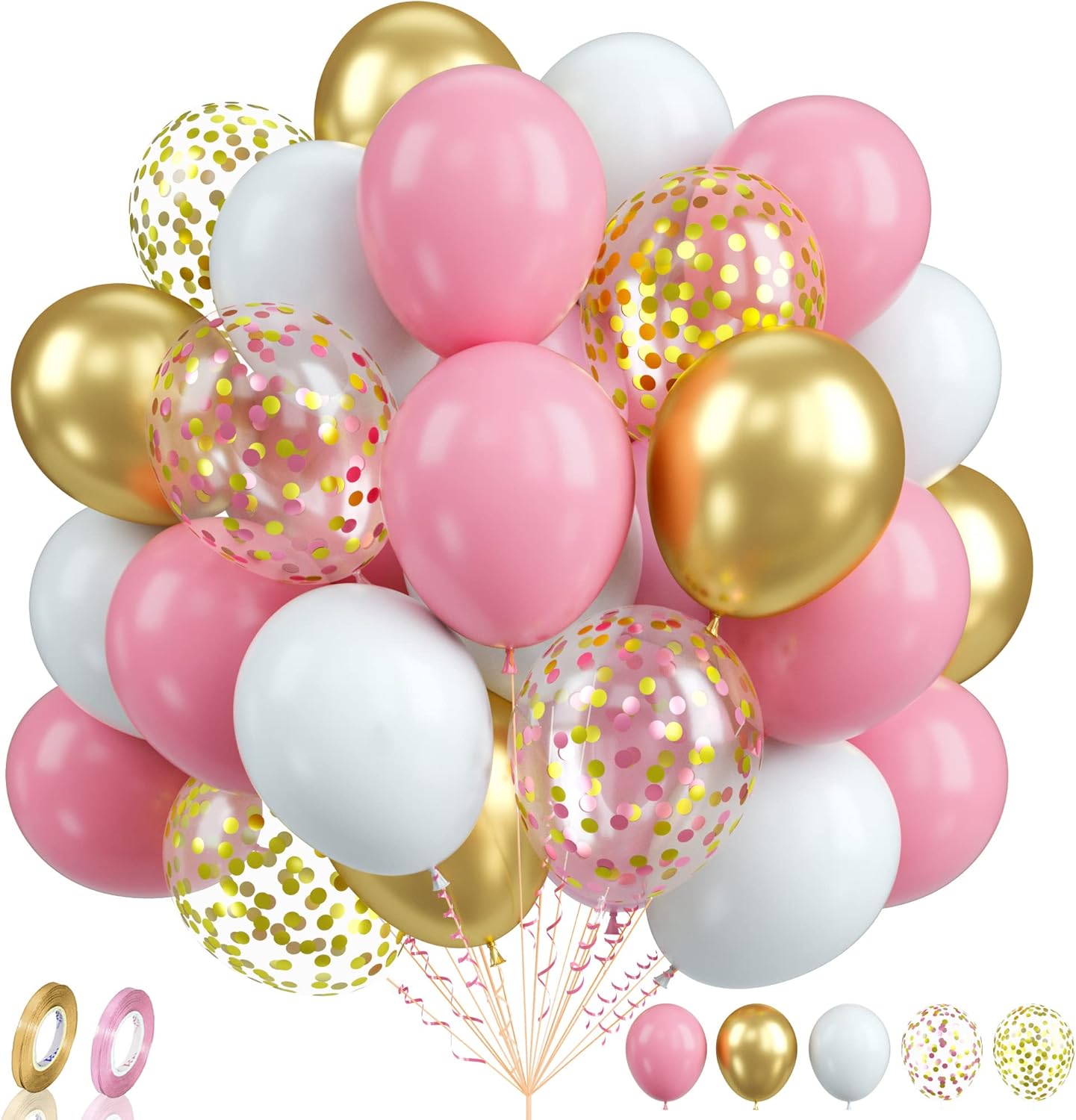 Biapian Globos de oro rosa, 60 globos rosa, blanco y dorado, globos de confeti dorado metálico de 12 pulgadas, globo de látex rosa pastel, helio