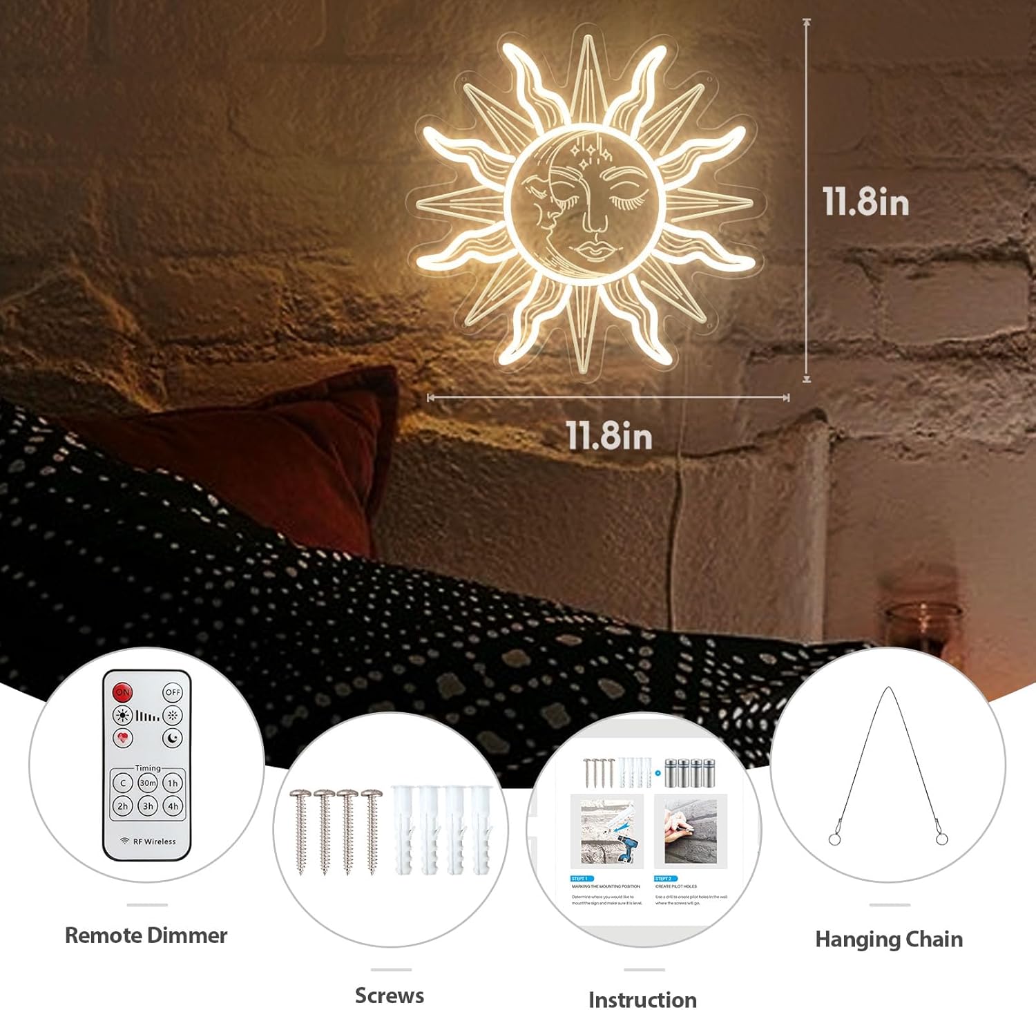Letrero de neón vintage ardiente de sol y luna  Decoración de habitación bohemia 3D con luz LED celestial mística de sol y luna con ojos cerrados,