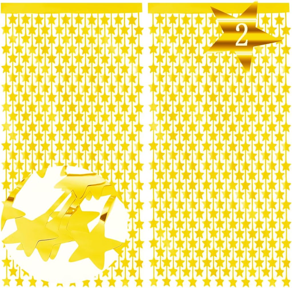 Cortinas de flecos de papel de aluminio con estrellas doradas, telón de fondo metálico, cortina de flecos de oropel de papel de aluminio para