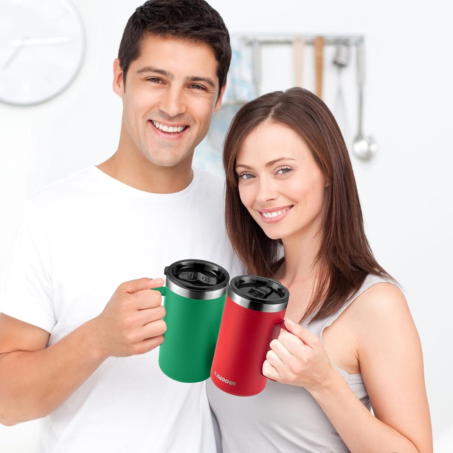 KXIAOCHEN Taza de café aislada de 20 onzas con tapa, taza de café de acero inoxidable, vaso de café al vacío de doble pared con asa, taza de café