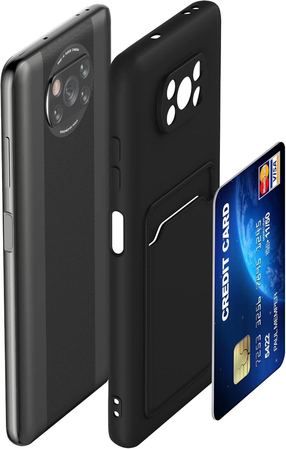 kwmobile Funda compatible con Xiaomi Poco X3 NFCPoco X3 Pro – Funda de TPU con tarjetero de crédito – Negro mate