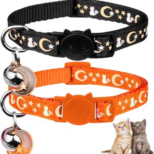 2 collares de gato con campana, ajustables que brillan en la oscuridad, de 7.9 a 13.0 pulgadas (naranja y negro) 2 collares de gato con campana, ajustables que brillan en la oscuridad, de 7.9 a 13.0 pulgadas (naranja y negro)
