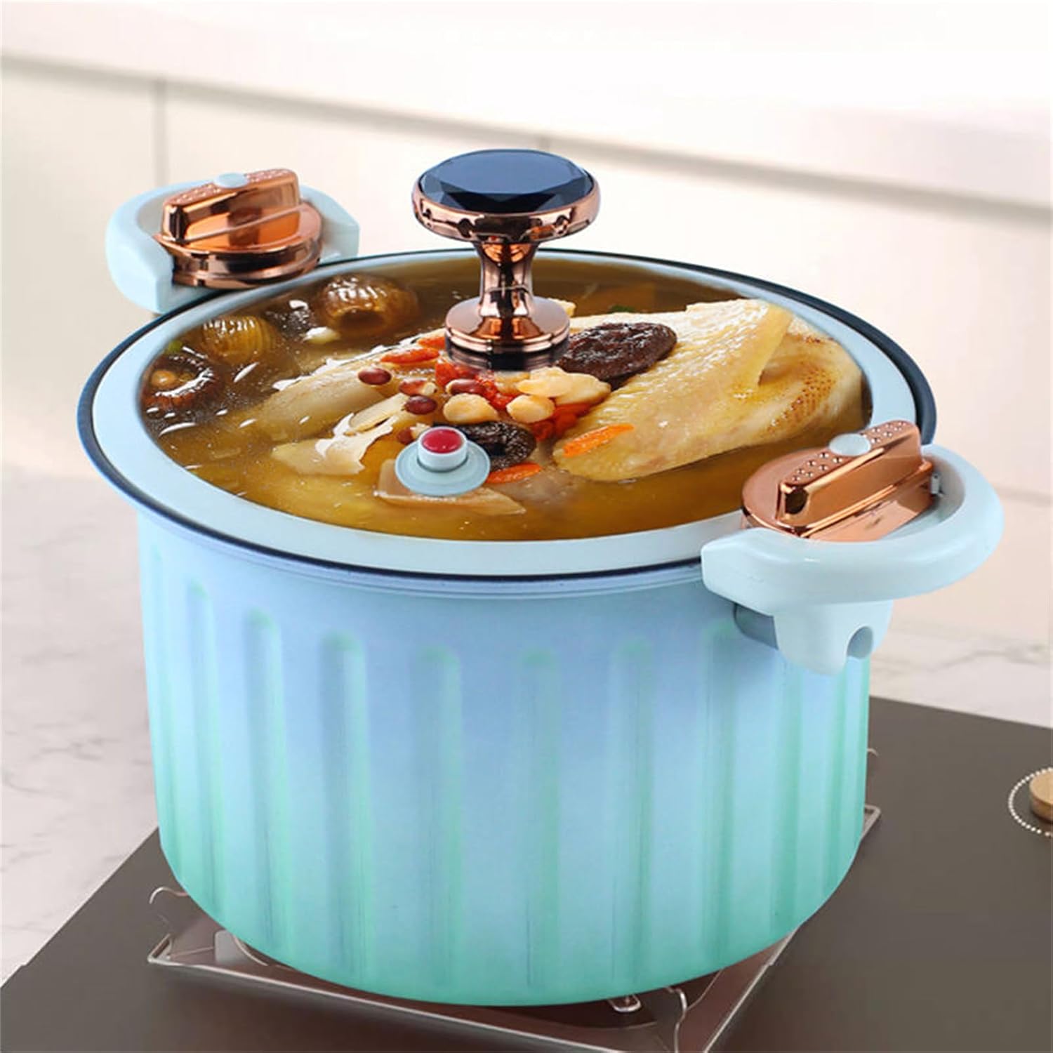 Olla a presión de 8 litros, sartenes micro braiser, olla de presión antiadherente con revestimiento de esmalte, con tapa, sello de silicona, válvula