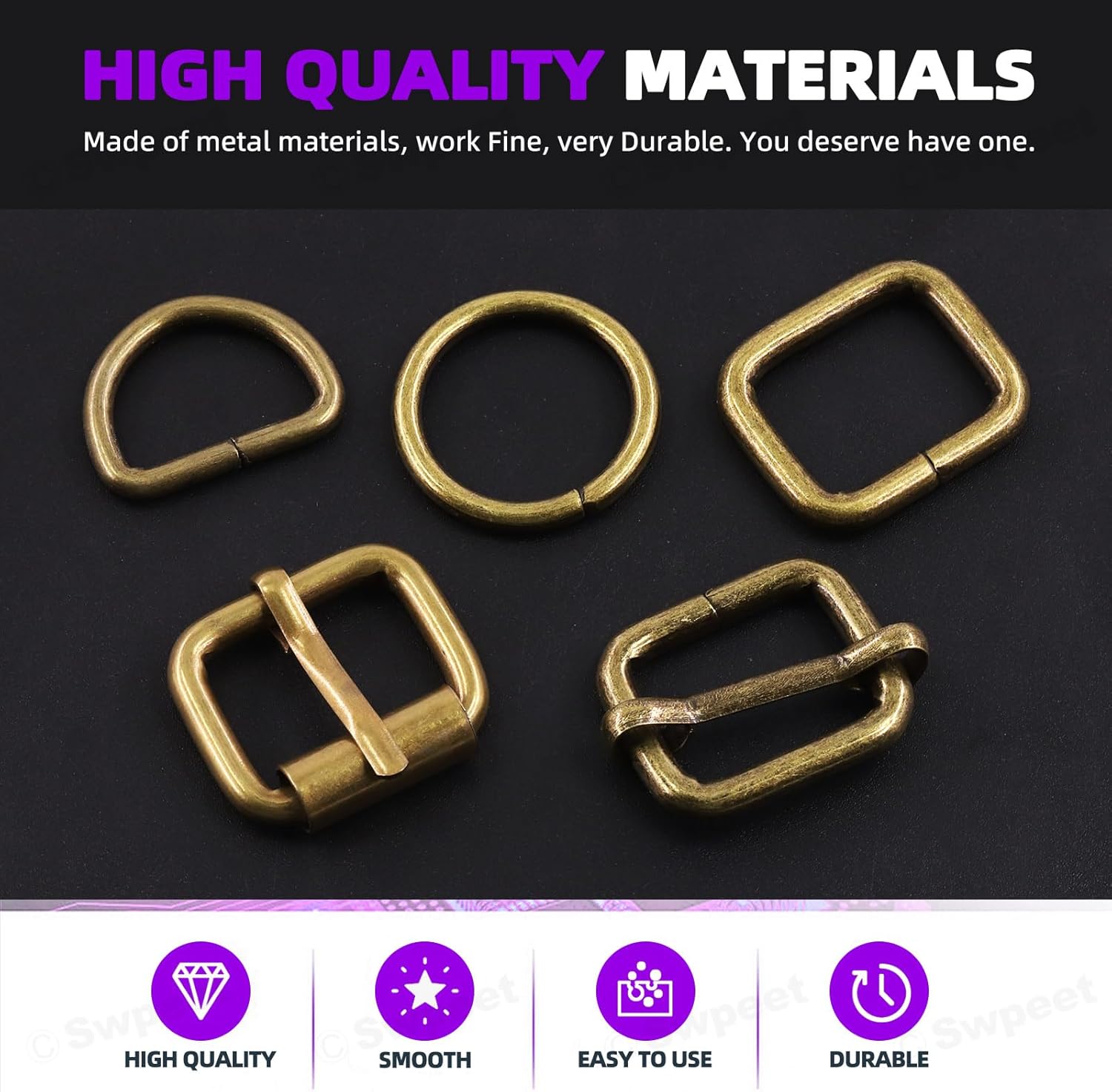 Swpeet 50 hebillas de metal de 5 estilos, hebillas de rodillo de metal, hebillas deslizantes ajustables de metal, anillo D, anillo circular, anillo