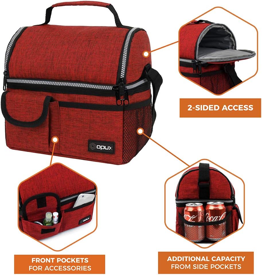 Opux – Bolsa de almuerzo aislada de doble compartimento para hombres y mujeres  Bolsa de almuerzo reutilizable con correa para el hombro, forro