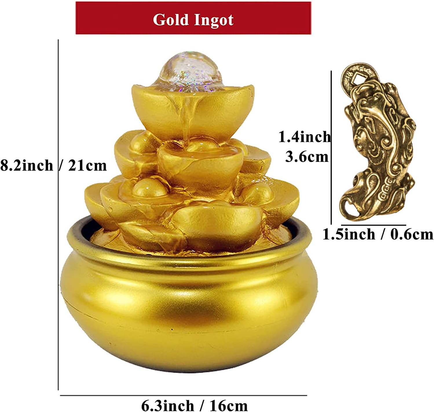 Feng Shui – Fuente de agua de mesa de lingote dorado para interiores, pequeña con luces, cascada para interiores, con bola de cristal rodante y