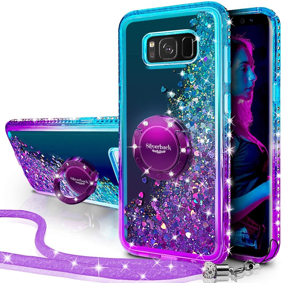 Silverback Funda para Galaxy S8 Plus, funda con purpurina holográfica líquida en movimiento con soporte de soporte, soporte de anillo de diamantes