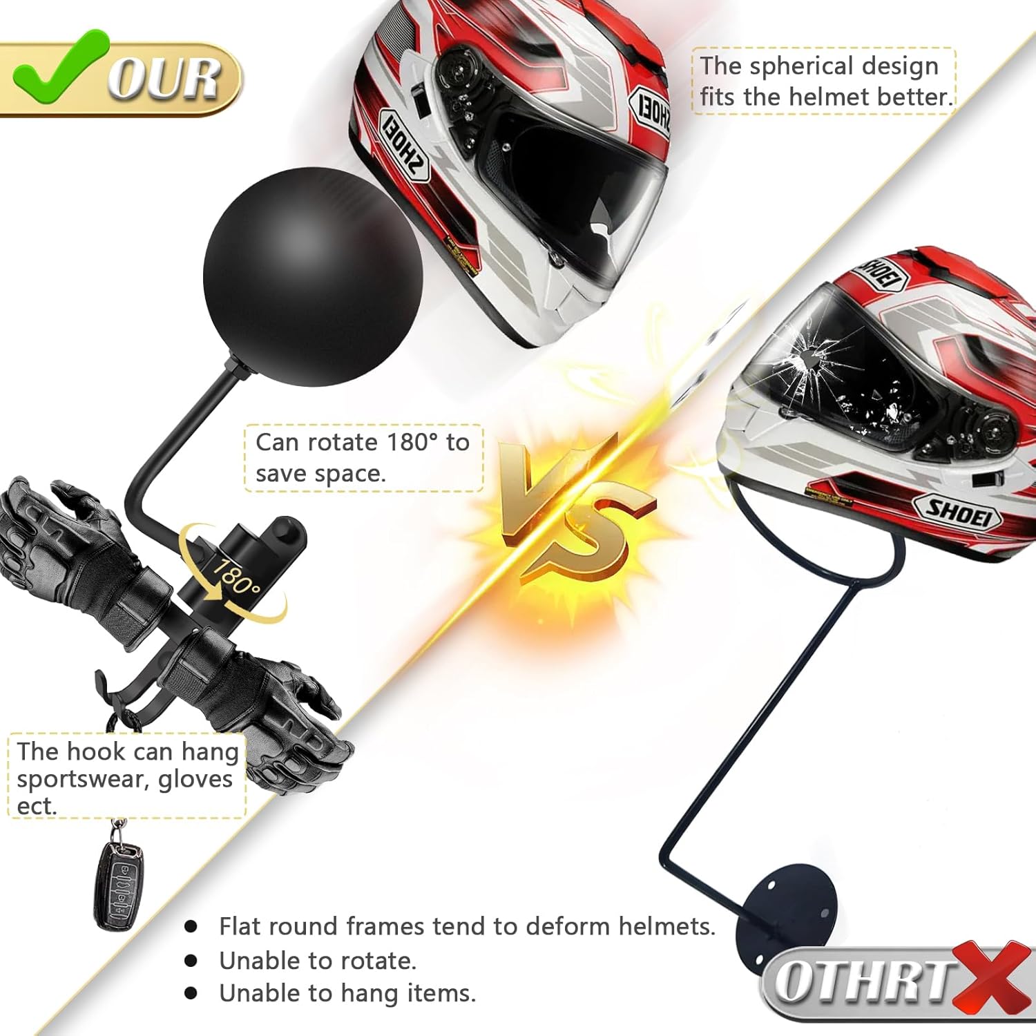 Soporte de pared para casco de motocicleta, rotación de 180 grados, soporte de metal para casco de bicicleta, soporte de exhibición para casco de