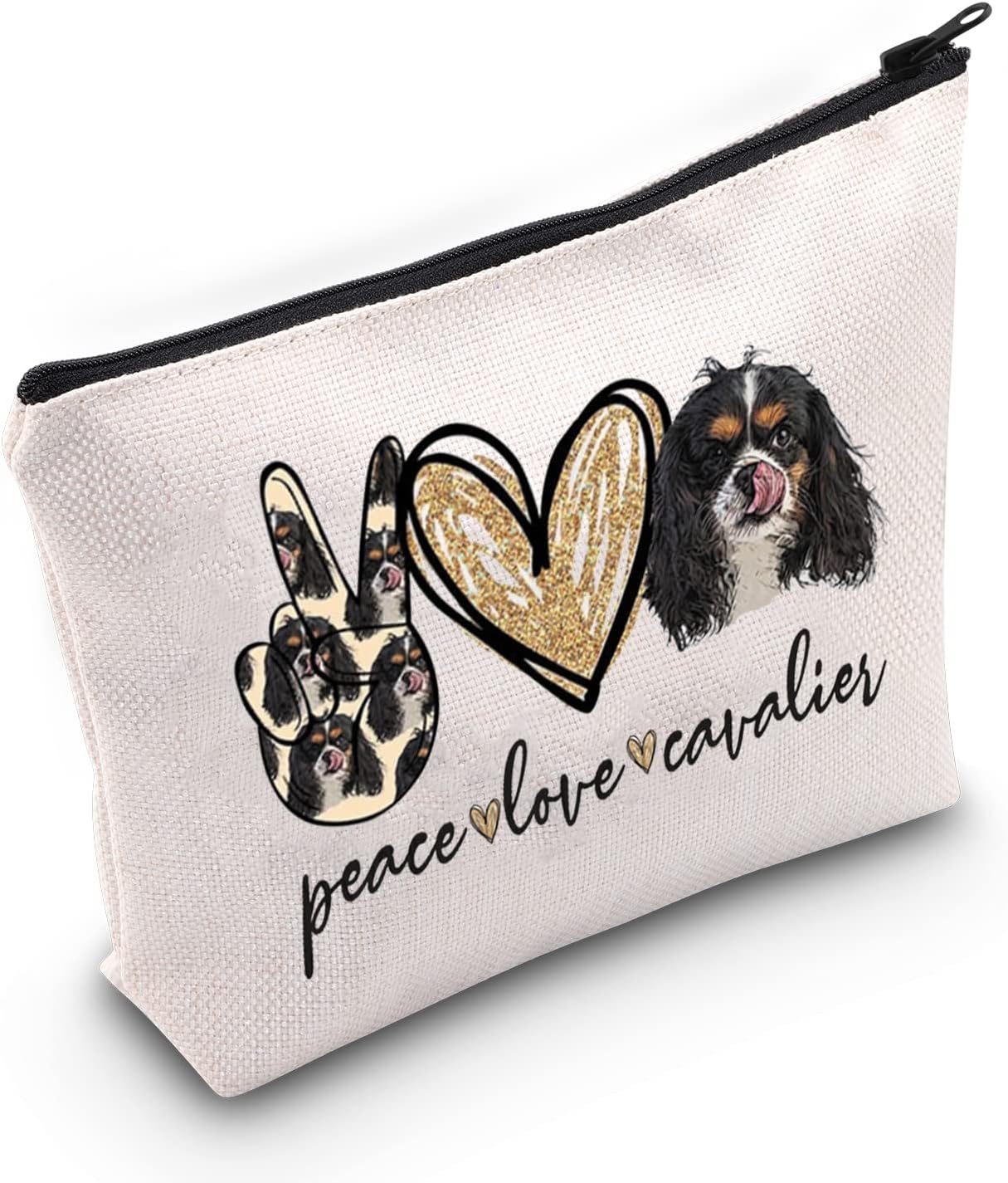 LEVLO Cavalier – Bolsa de maquillaje cosmética para perro, regalo para amantes de los perros, paz, amor, caballero, maquillaje, bolsa con