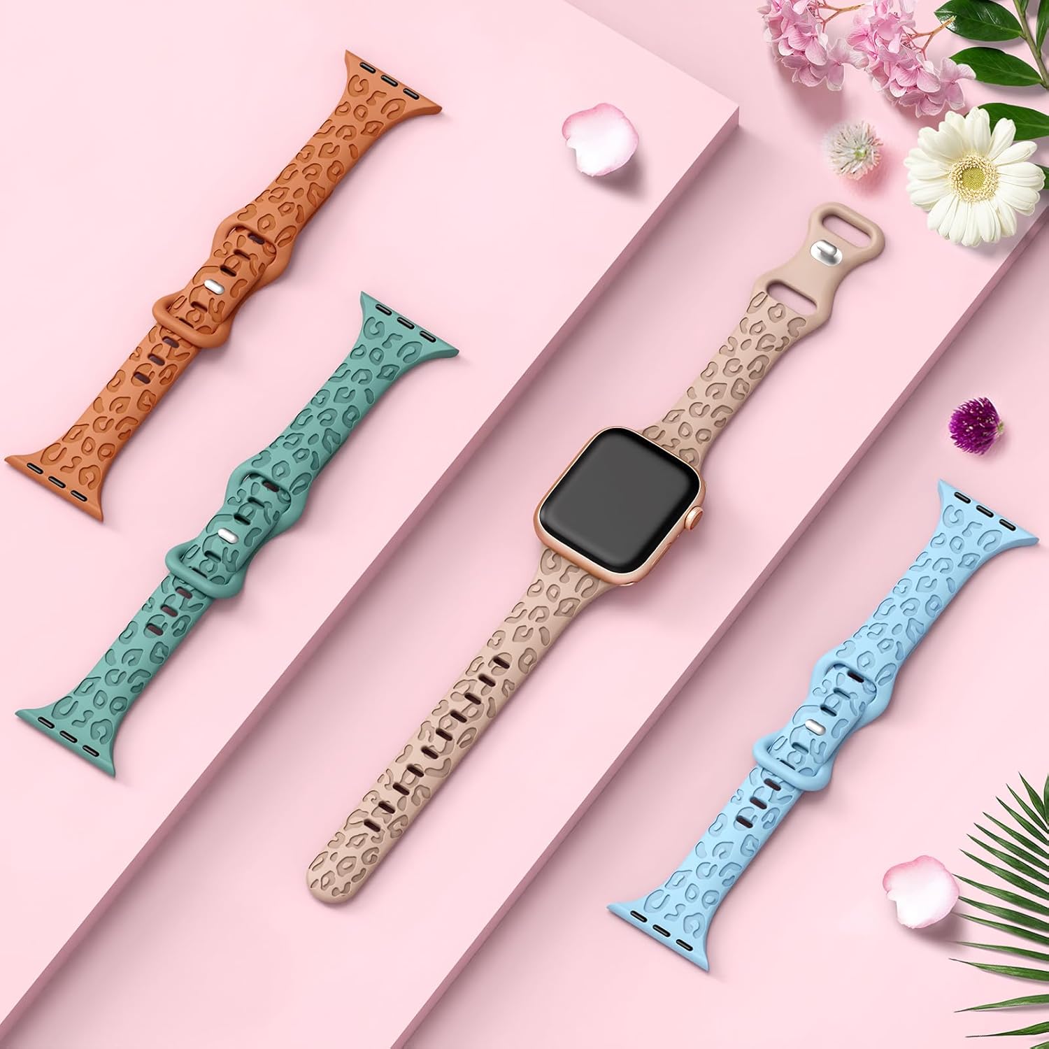 Paquete de 4 correas de leopardo grabadas compatibles con Apple Watch de 1.496 pulgadas, 1.575 pulgadas, 1.614 pulgadas, 1.732 pulgadas, 1.772