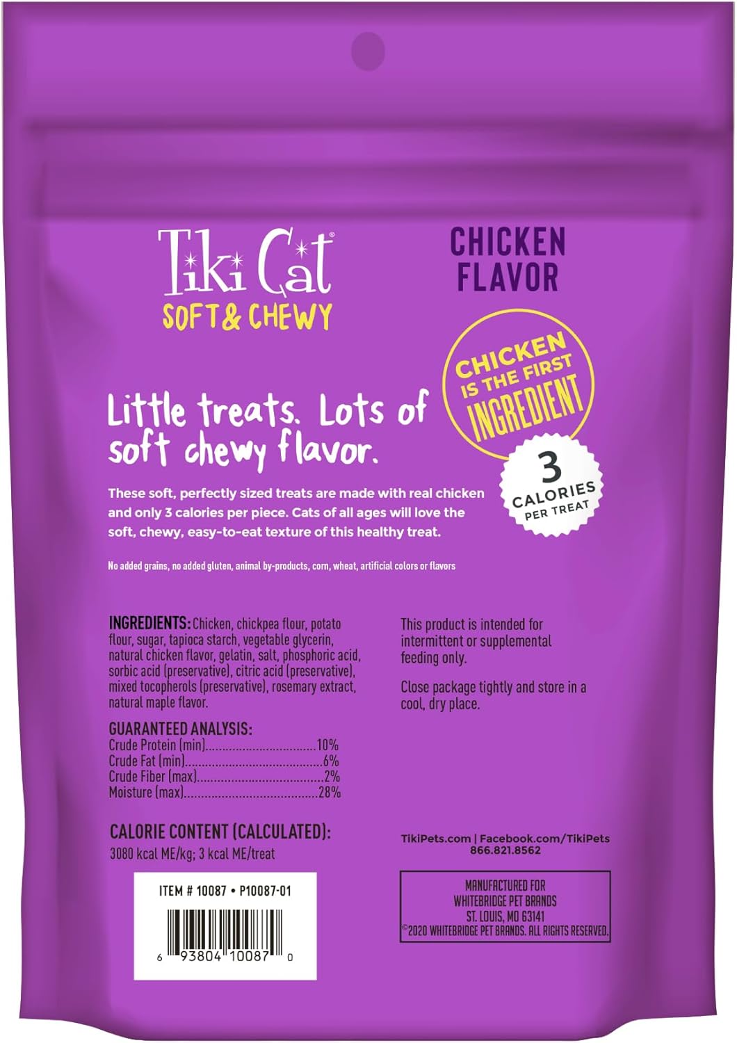 Tiki – Golosinas suaves y masticables para gatos, sabor a pollo, 3 calorías por golosina sin granos y sin gluten añadido, bolsa de 10 onzas (paquete