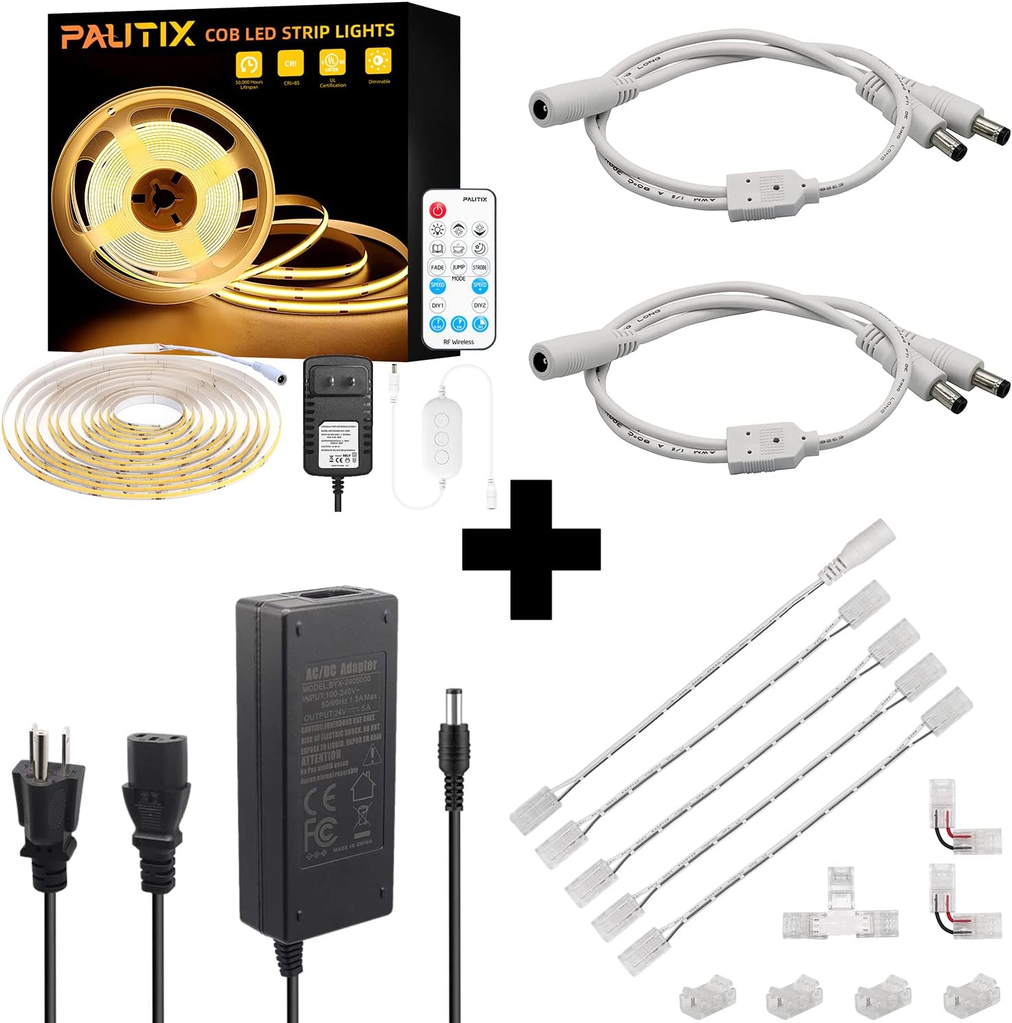 PAUTIX COB – Tira de luces LED de 3000 K, 16.4 pies regulables DC24V blanco cálido, kit de luces de cinta de alto lumen con fuente de alimentación