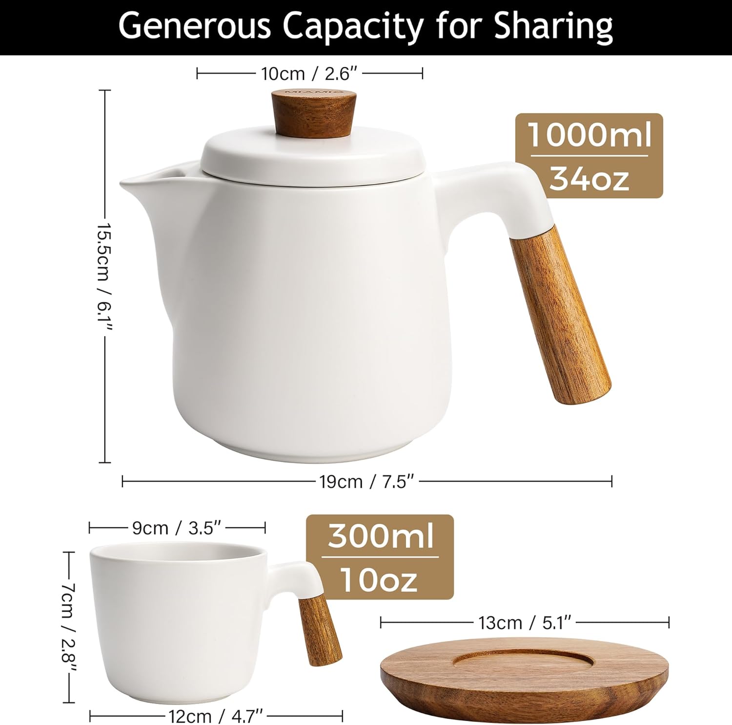 MIAMIO Juego de tetera de cerámica de 34 onzas con infusor y tazascolador de té, 4 tazas de té de cerámica (10 onzas), platillos de bambúmango para