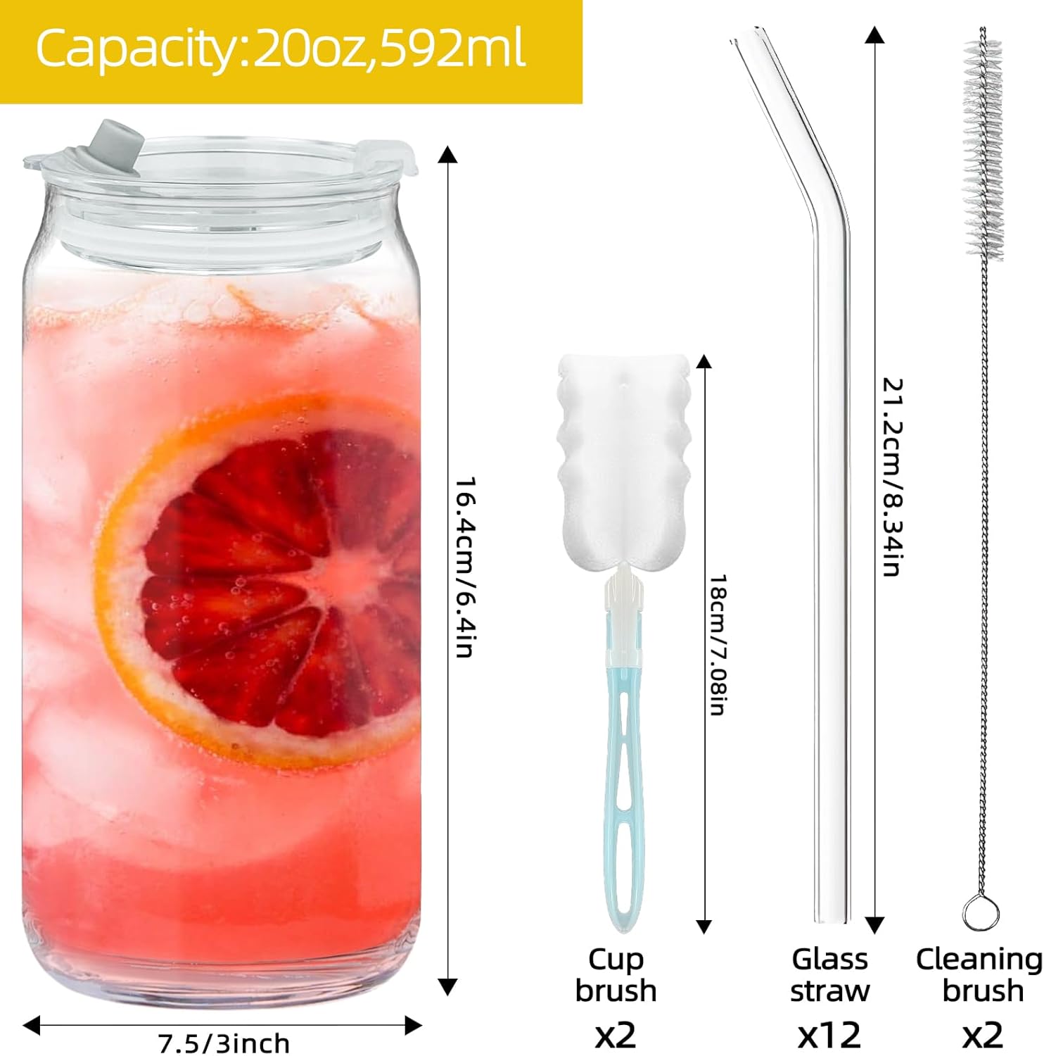 AiHeart Juego de 12 vasos para beber con tapas y popotes de vidrio, vasos de vidrio con forma de lata de cerveza de 20 onzas, vasos de café helado,
