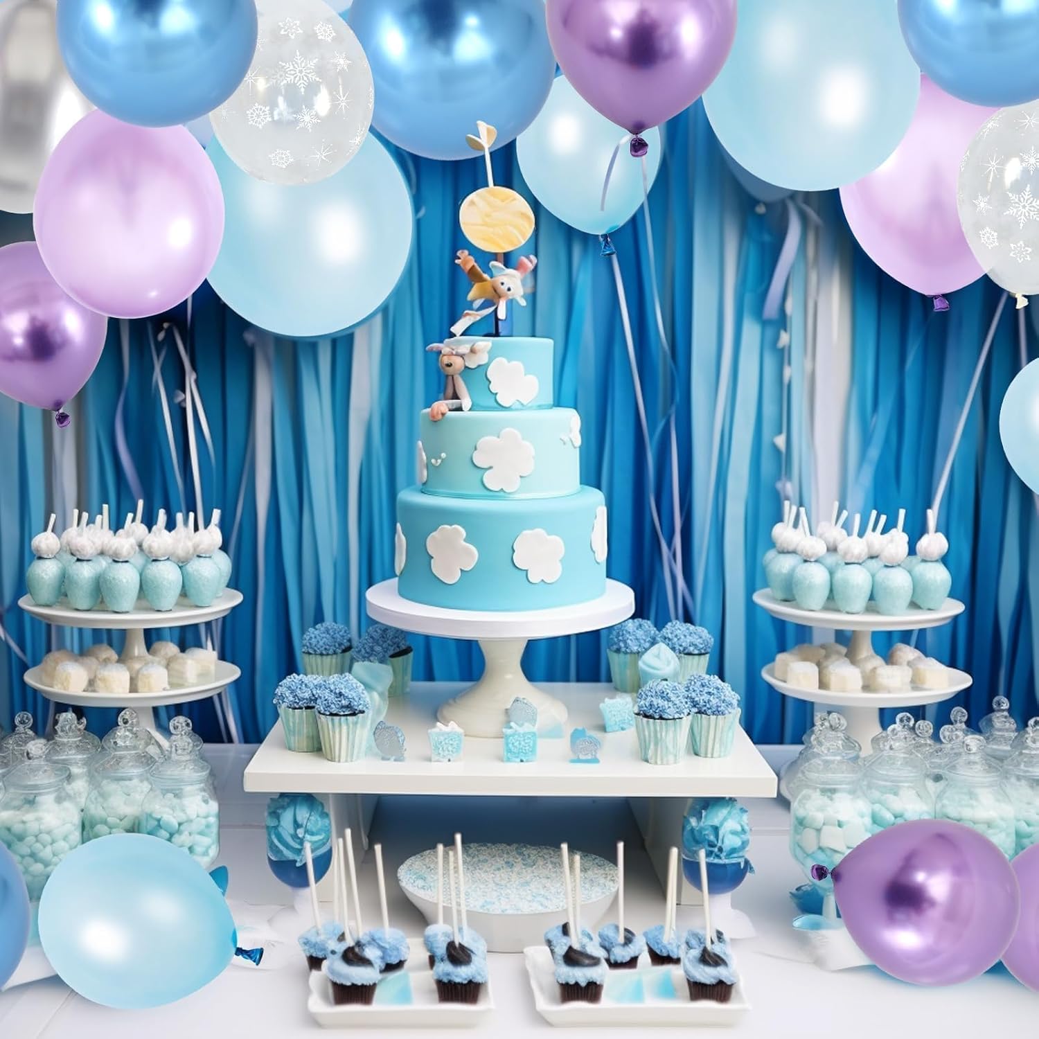 Globos azules y morados plateados, 60 globos de congelado, globos metálicos morados, azules y plateados, con estampado de copos de nieve azul perla,