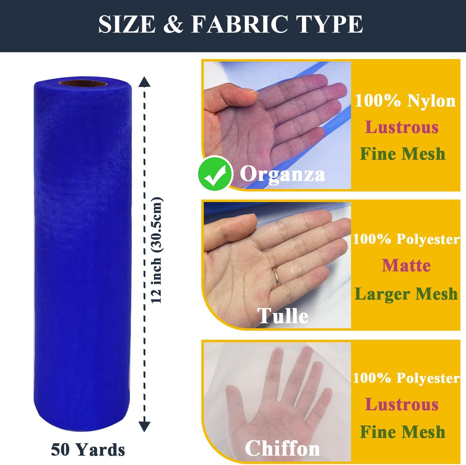 Rollos de tela de tul de organza azul real, organza de cristal de 12 pulgadas por 50 yardas (150 pies), perno de red de nailon transparente sedoso
