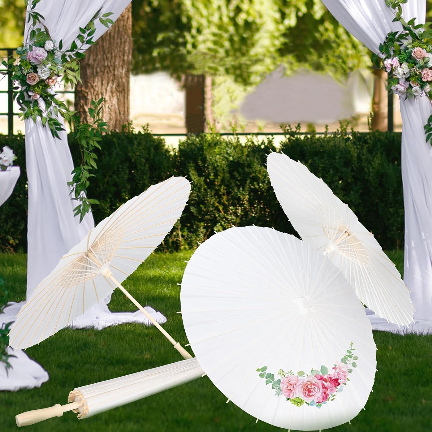Haundry Paraguas de papel de 33 pulgadas, paraguas decorativo de papel blanco para bodas, pintura de papel aceitado para manualidades, decoración de