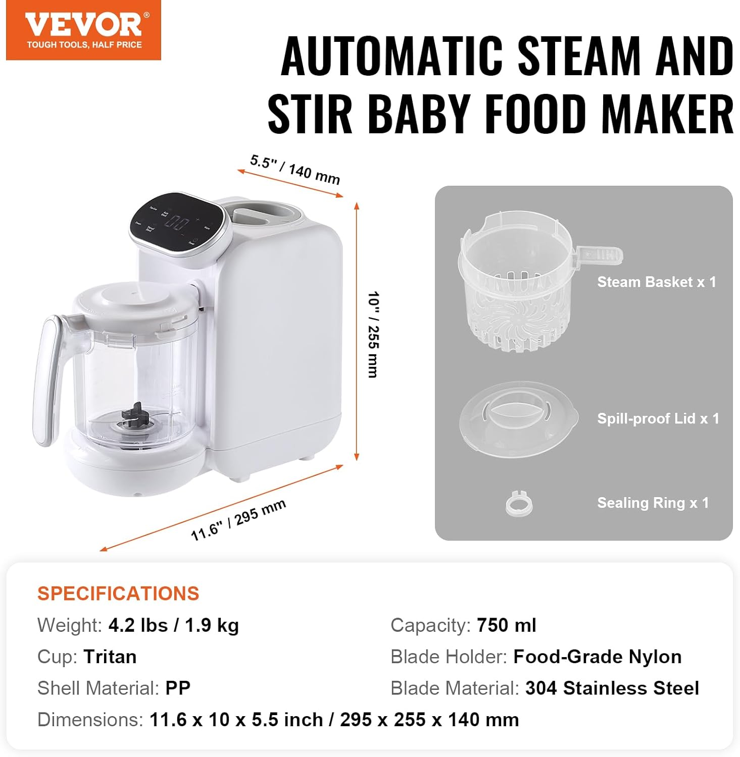 VEVOR Fabricante de alimentos para bebés, procesador de alimentos para bebés, sin BPA, 5 en 1, licuadora de puré de alimentos para bebés, molinillo