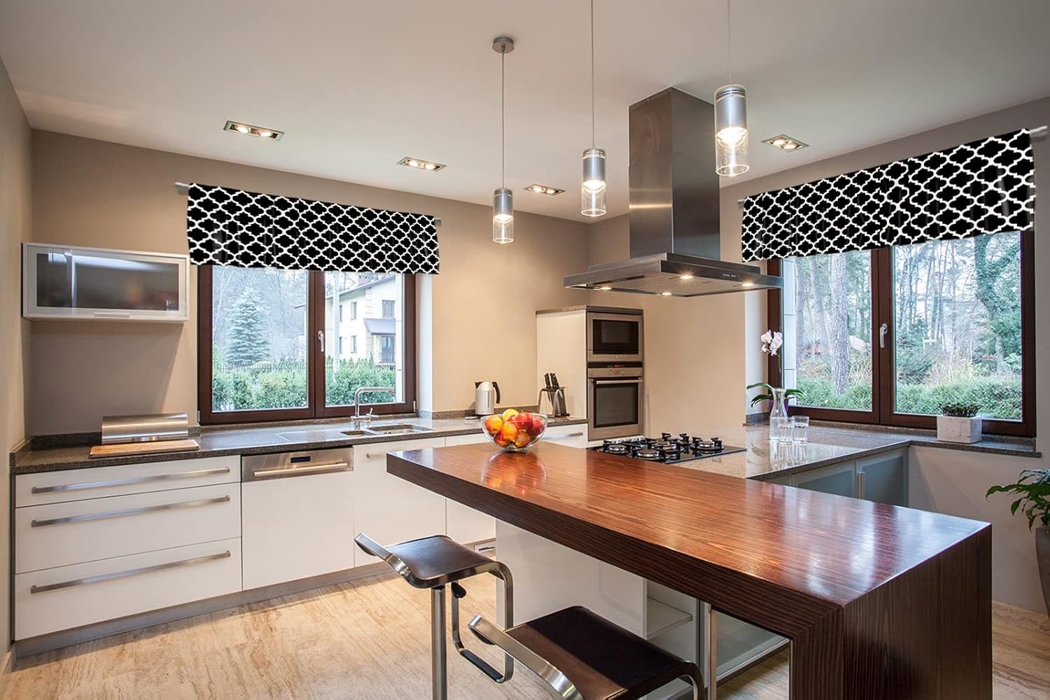 Cenefa de cortina corta opaca con patrón geométrico marroquí y bolsillo para barra, para decoración de cocina, dormitorio, 52 x 18 pulgadas, blanco