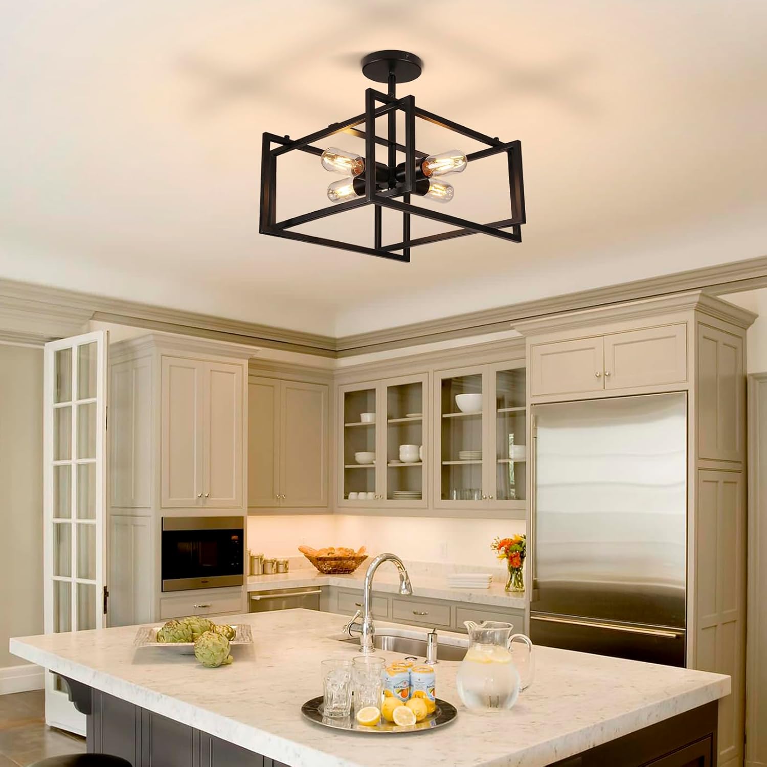 Lámpara de techo semiempotrada de 4 luces, color negro, industrial cerca del techo, lámpara de techo de metal para cocina, isla, comedor,