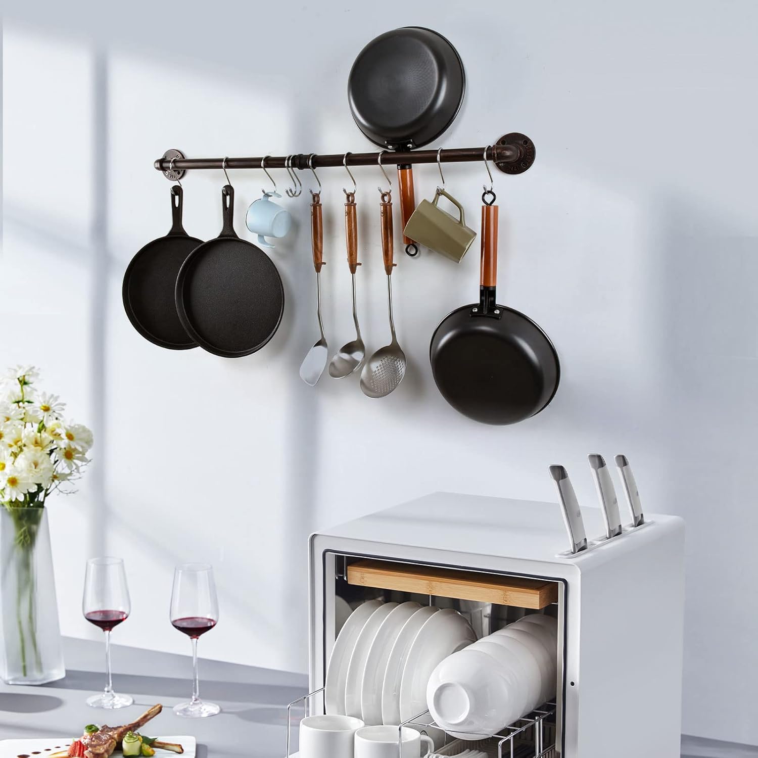 Estante para ollas de tubería, soporte industrial para tapa de utensilios de cocina, organizador de cocina, barra colgante con ganchos en S (36
