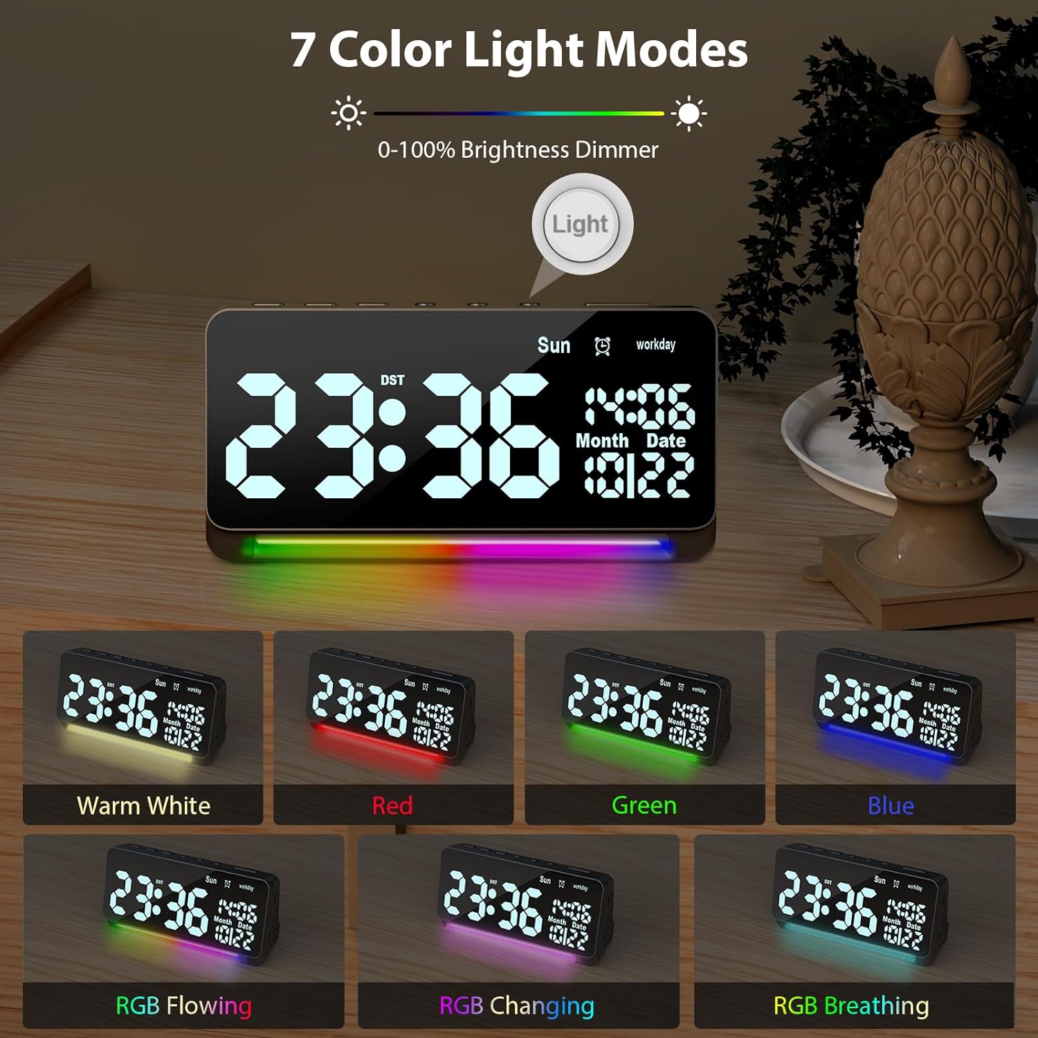 Reloj despertador digital de 120 db para dormitorios, 15 sonidos de despertador, despertador digital para adultos que duermen pesados, luz nocturna