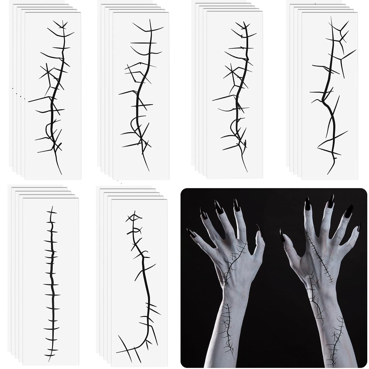 Yeaqee 30 hojas de tatuajes de puntada de Halloween, tatuajes temporales falsos, tatuajes temporales de Halloween, tatuajes de maquillaje de puntada