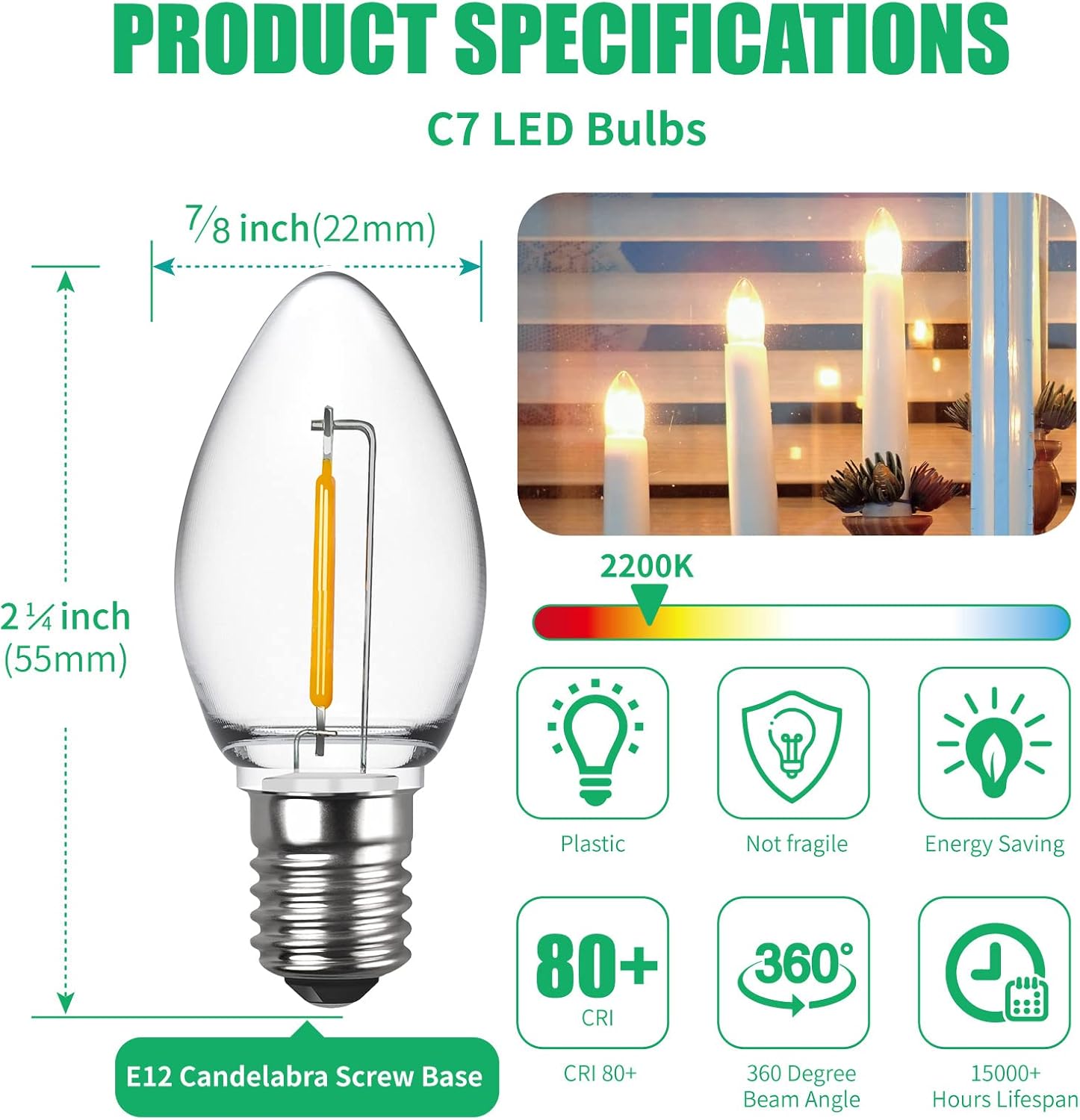 Meconard Bombillas LED C7, bombillas LED inastillables de repuesto para velas y candelabros de ventana, base de candelabro E12, equivalente a 0.6