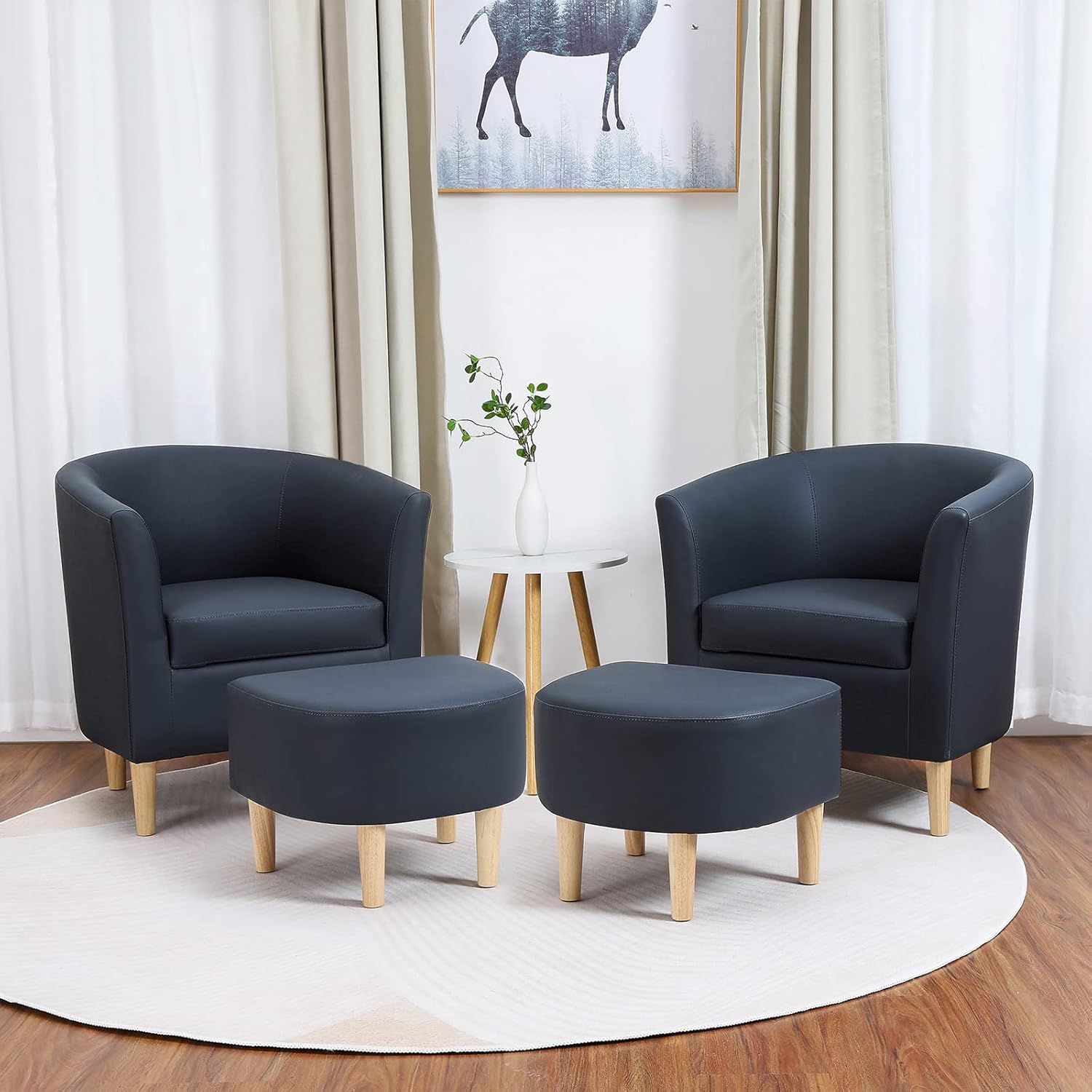 Silla de cuero, silla decorativa moderna de mediados de siglo con barril sintético otomano, cómodo sillón tapizado para bañera de club, brazos