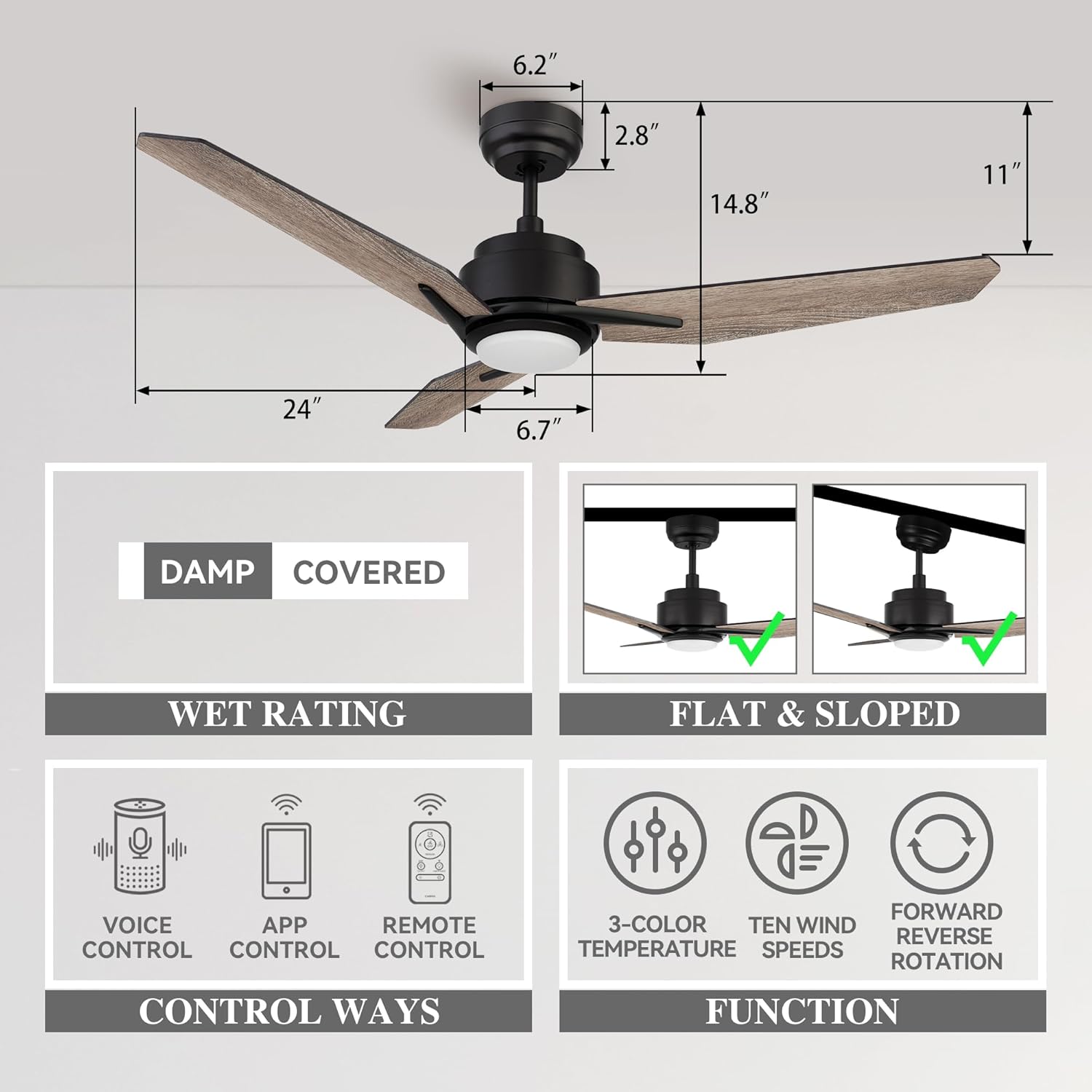 SMAAIR Ventilador de techo inteligente de 48 pulgadas con control remoto de luz regulable, ventilador de techo CC para interiores y exteriores con 3